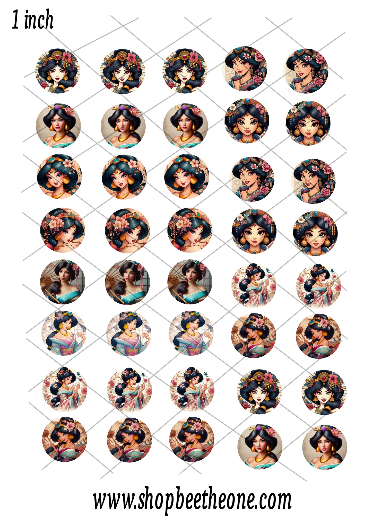 Images digitales pour Cabochons Princesse des mille et une nuits façon geisha - 128 images x 20 mm, 30 mm, 1 inch - A télécharger et imprimer