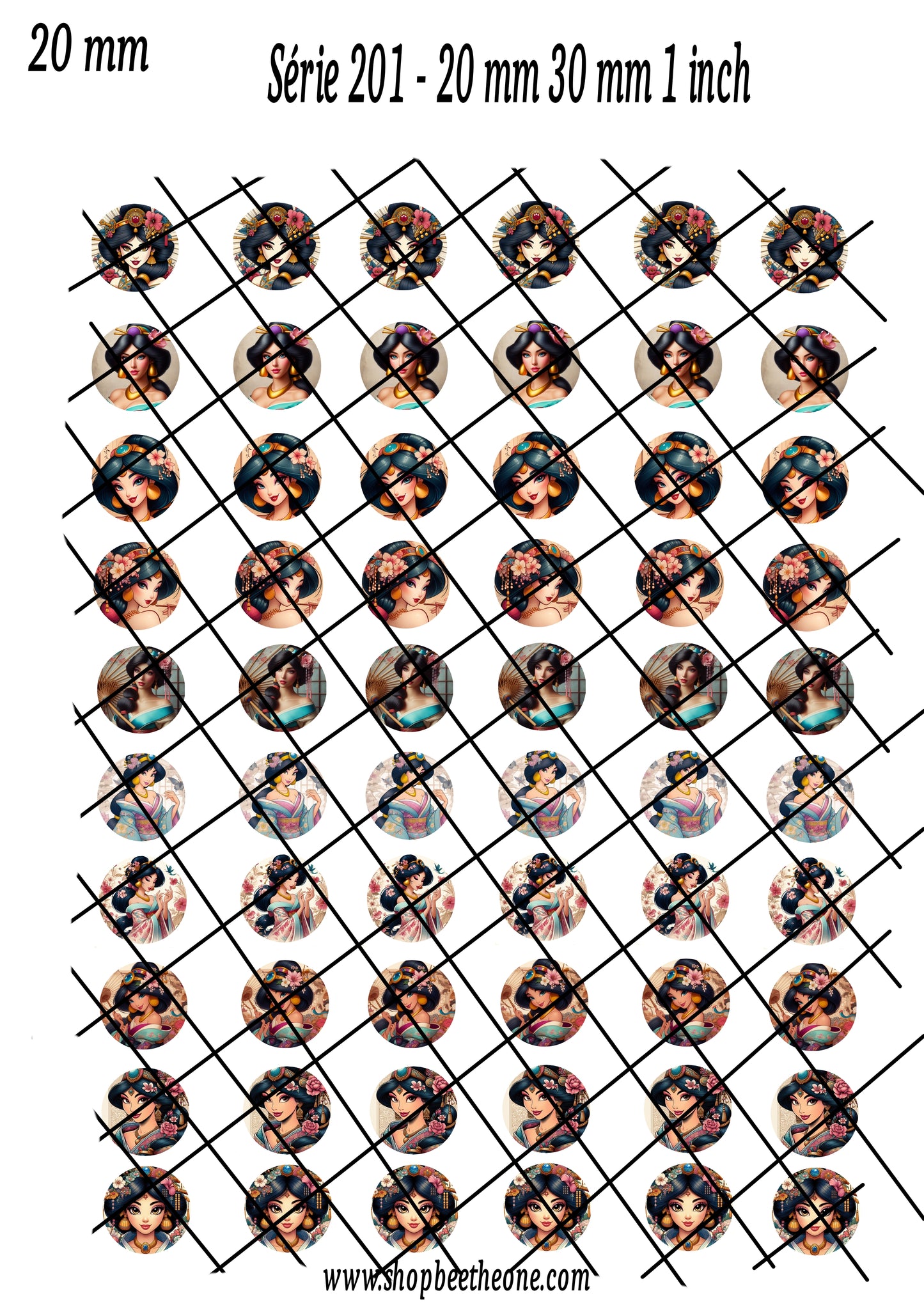 Images digitales pour Cabochons Princesse des mille et une nuits façon geisha - 128 images x 20 mm, 30 mm, 1 inch - A télécharger et imprimer