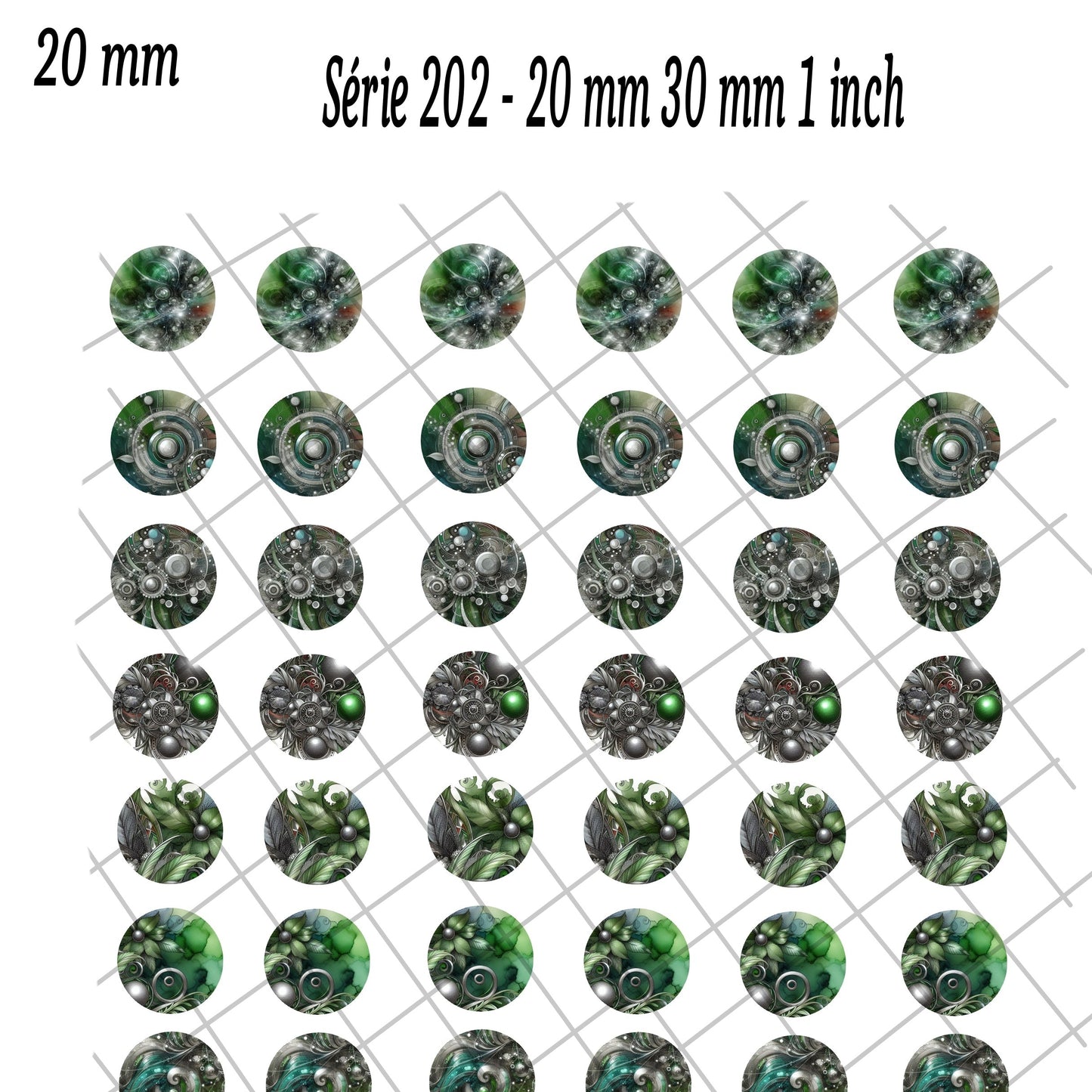 Images digitales pour Cabochons Abstrait Vert/argent Inspiration sci-fi/steampunk - 128 images x 20 mm, 30 mm, 1 inch - A télécharger et imprimer