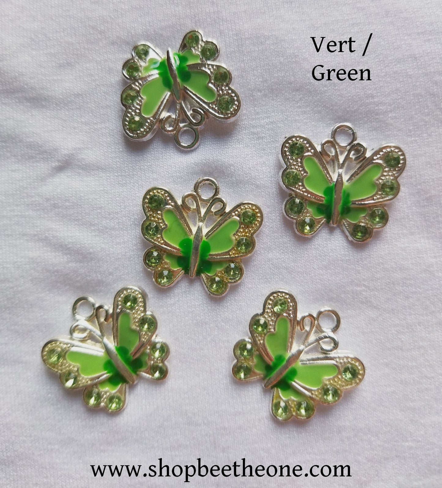 Breloque en émail Papillon argenté et strass assortis - 21 mm - trou 2 mm - 3 coloris disponibles