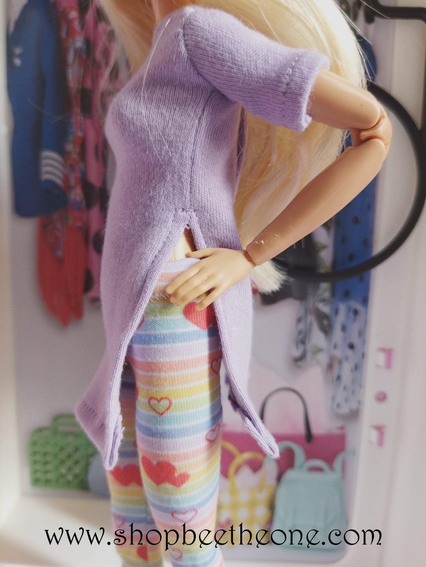 Tunique longue fendue à manches courtes pour poupées Barbie - mauve - 4 tailles - Collection Basics - par Bee the One
