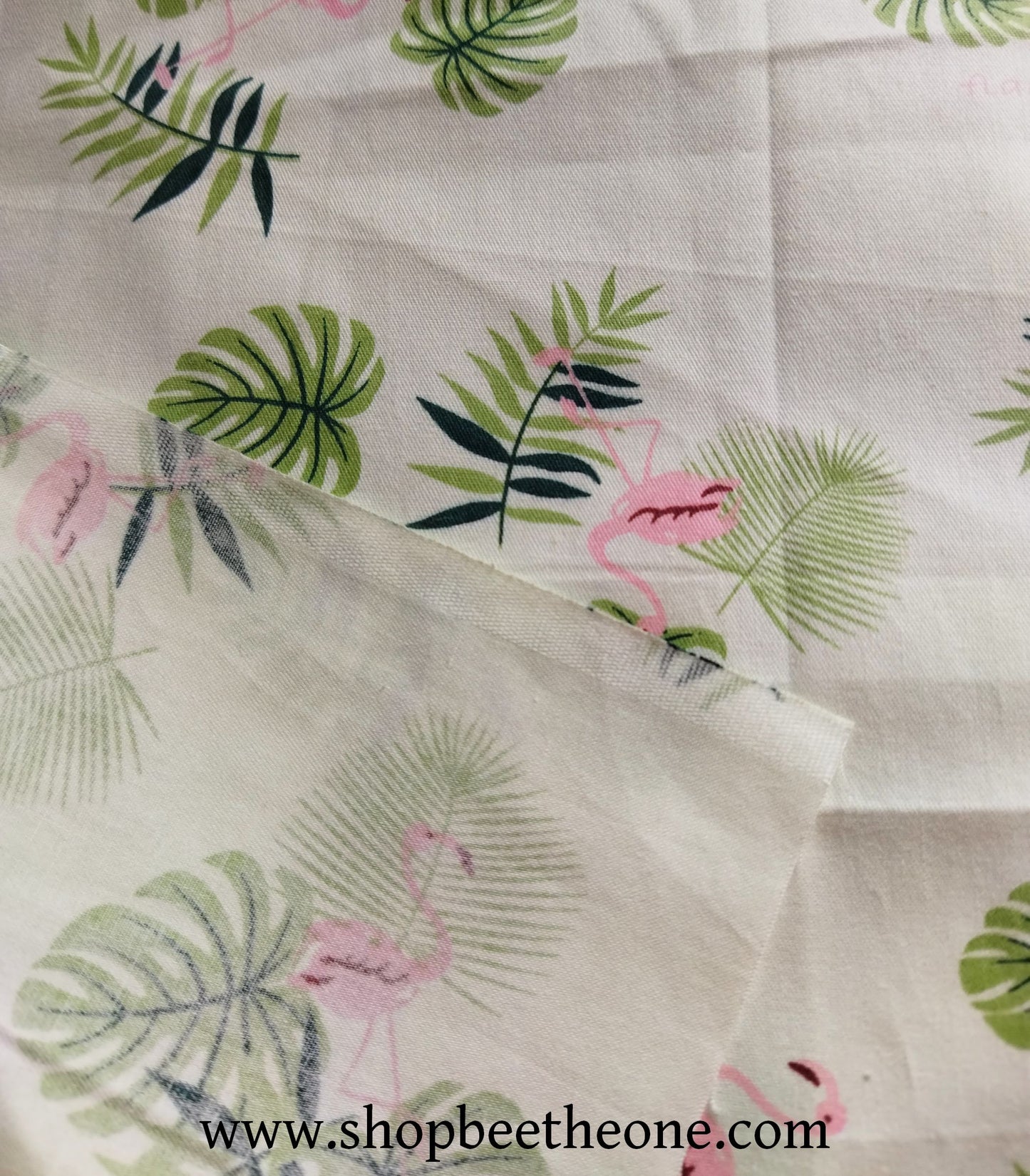 Coupon de twill coton "Flamants roses et feuilles" - 25 x 25 cm - rose/vert