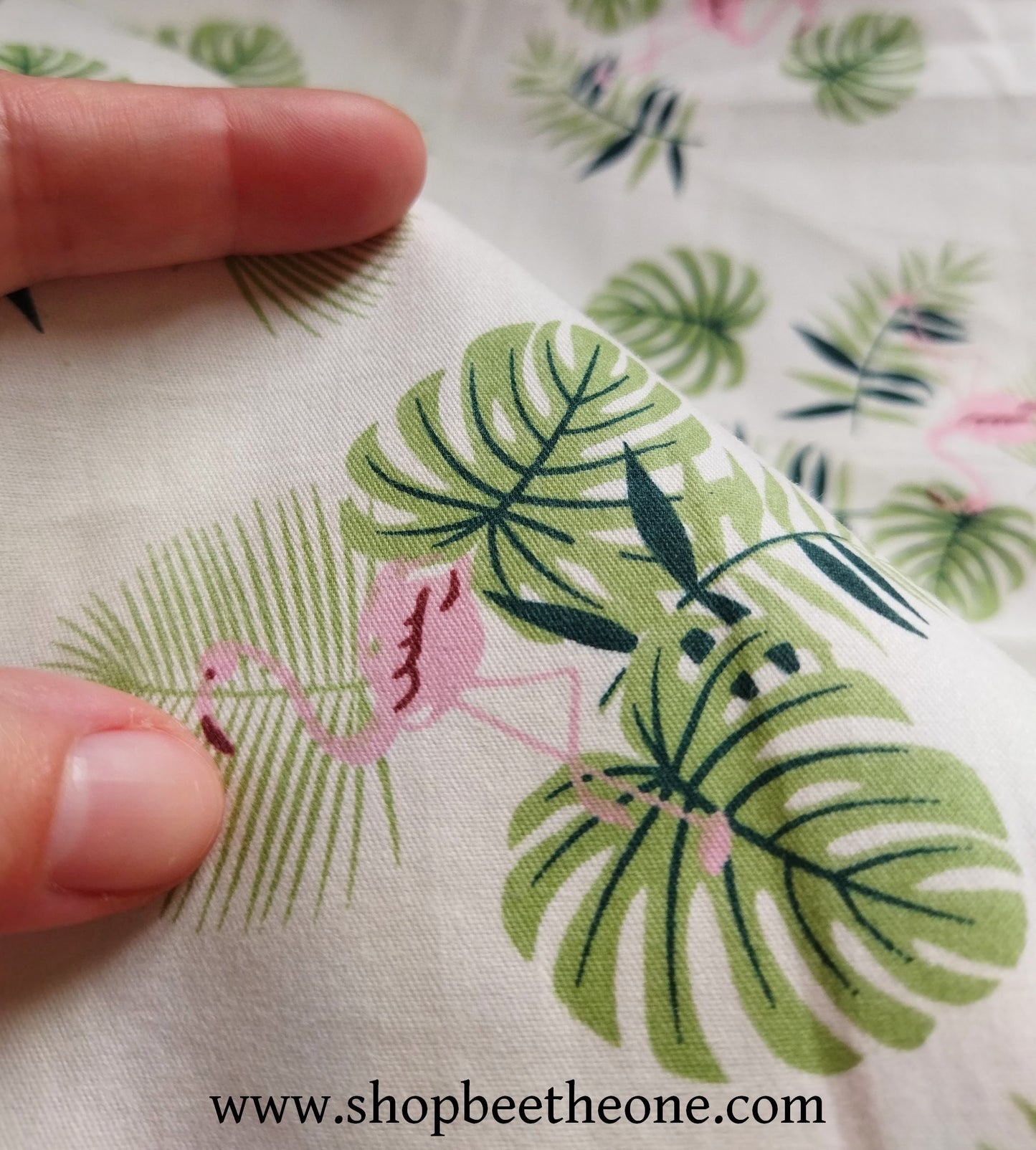 Coupon de twill coton "Flamants roses et feuilles" - 25 x 25 cm - rose/vert