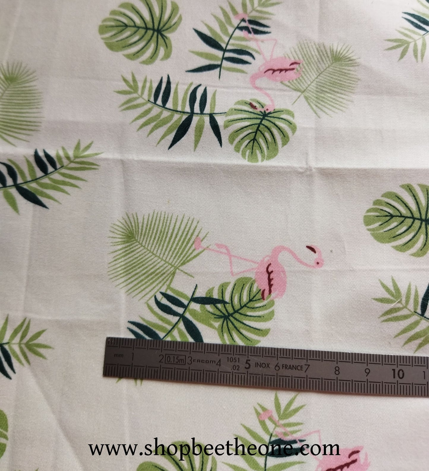 Coupon de twill coton "Flamants roses et feuilles" - 25 x 25 cm - rose/vert