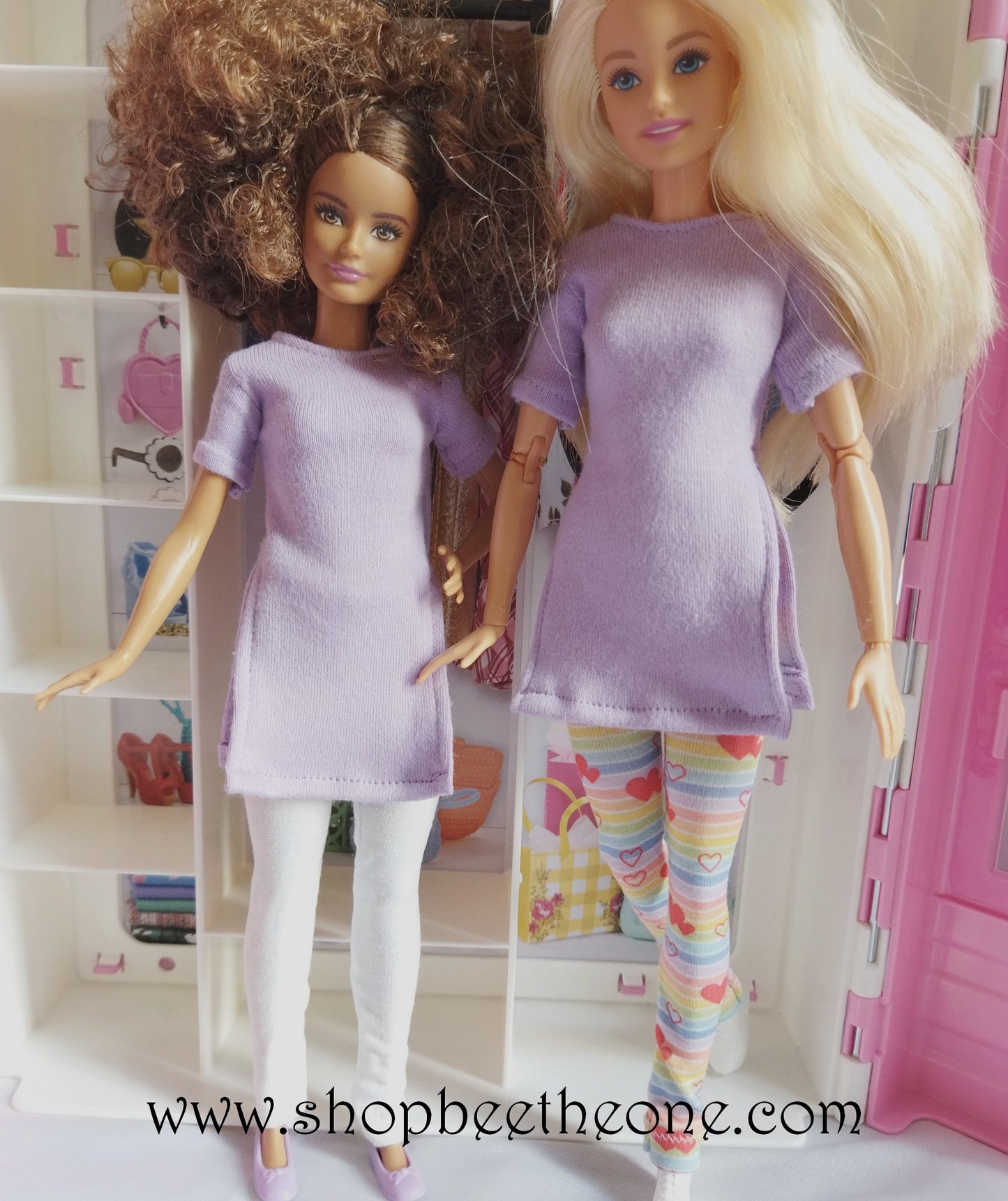Tunique longue fendue à manches courtes pour poupées Barbie - mauve - 4 tailles - Collection Basics - par Bee the One
