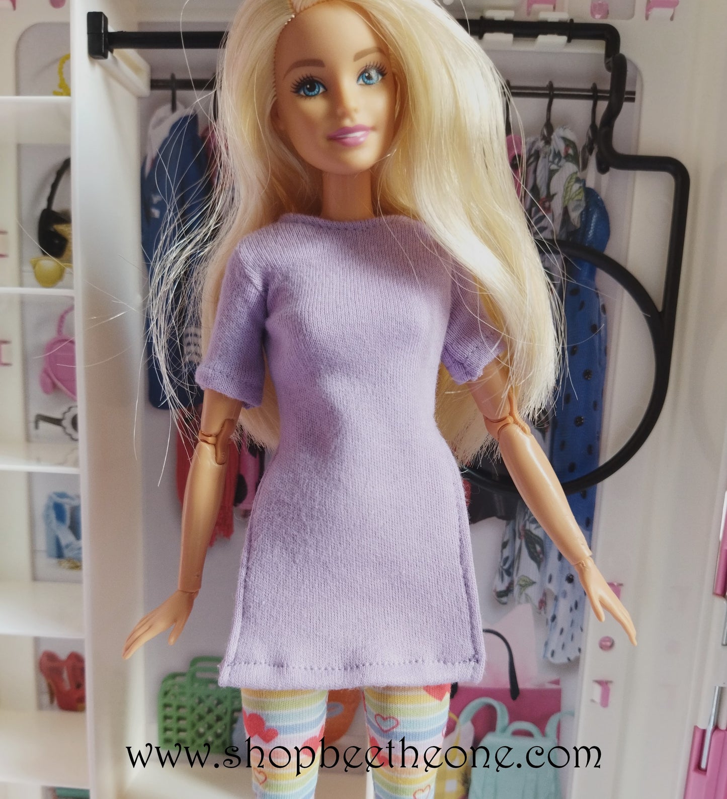 Tunique longue fendue à manches courtes pour poupées Barbie - mauve - 4 tailles - Collection Basics - par Bee the One