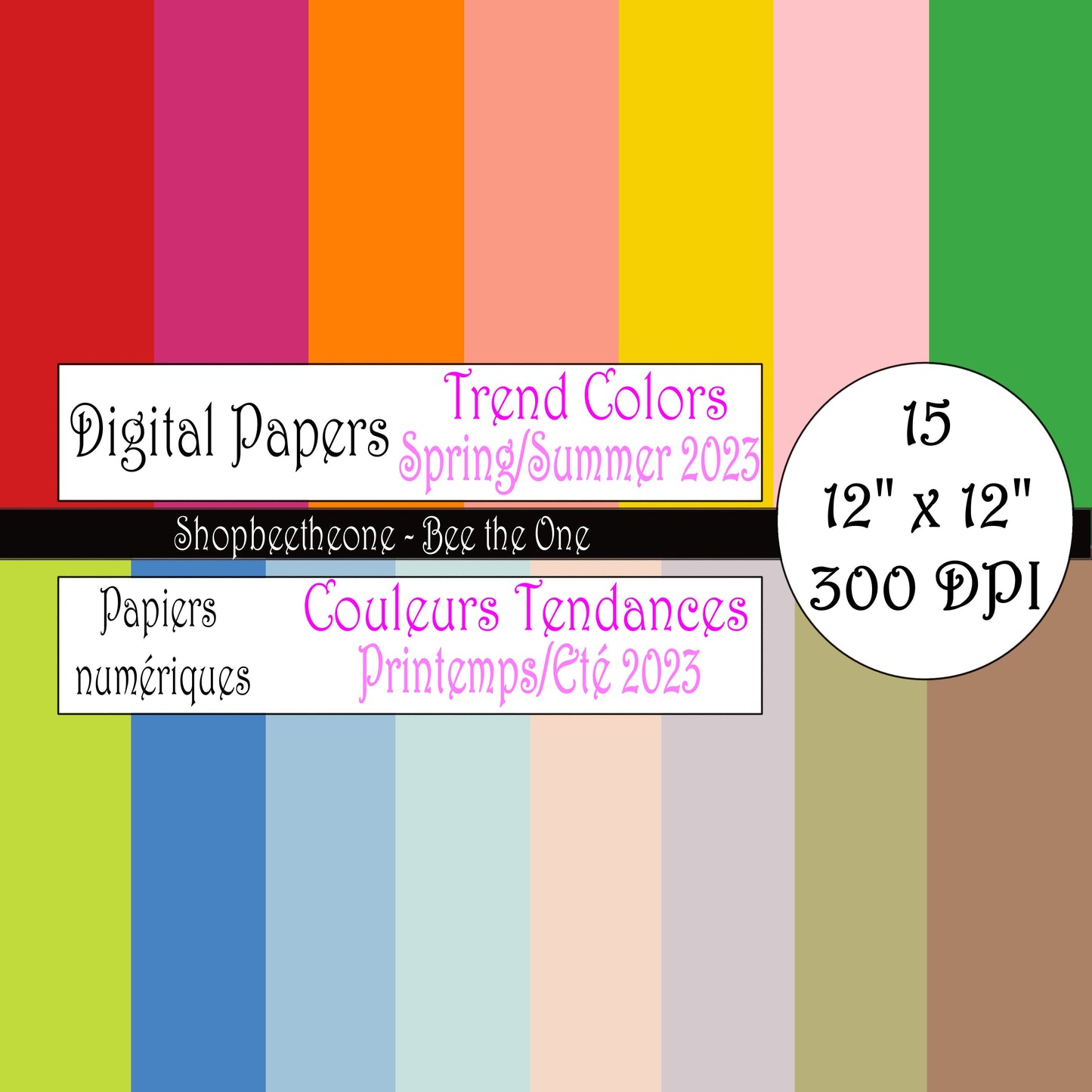 Papiers numériques "Couleurs tendances Printemps/Eté 2023" - 12" x 12" - 300 DPI - Set de 15 images - A télécharger