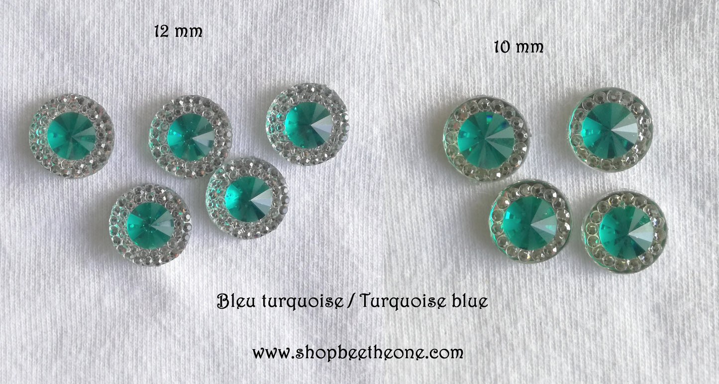 Cabochon rond strass avec pierre colorée - 10 mm ou 12 mm - 12 coloris