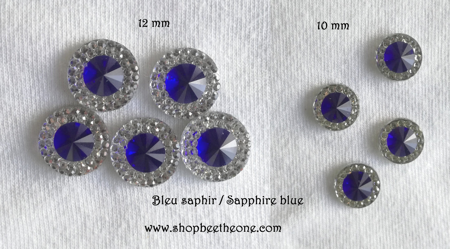 Cabochon rond strass avec pierre colorée - 10 mm ou 12 mm - 12 coloris