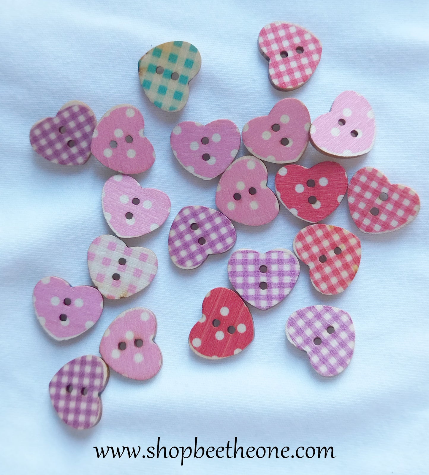 Lot de 20 Boutons Petit Coeur à pois et carreaux en bois façon vintage - 17 mm - prix réduit