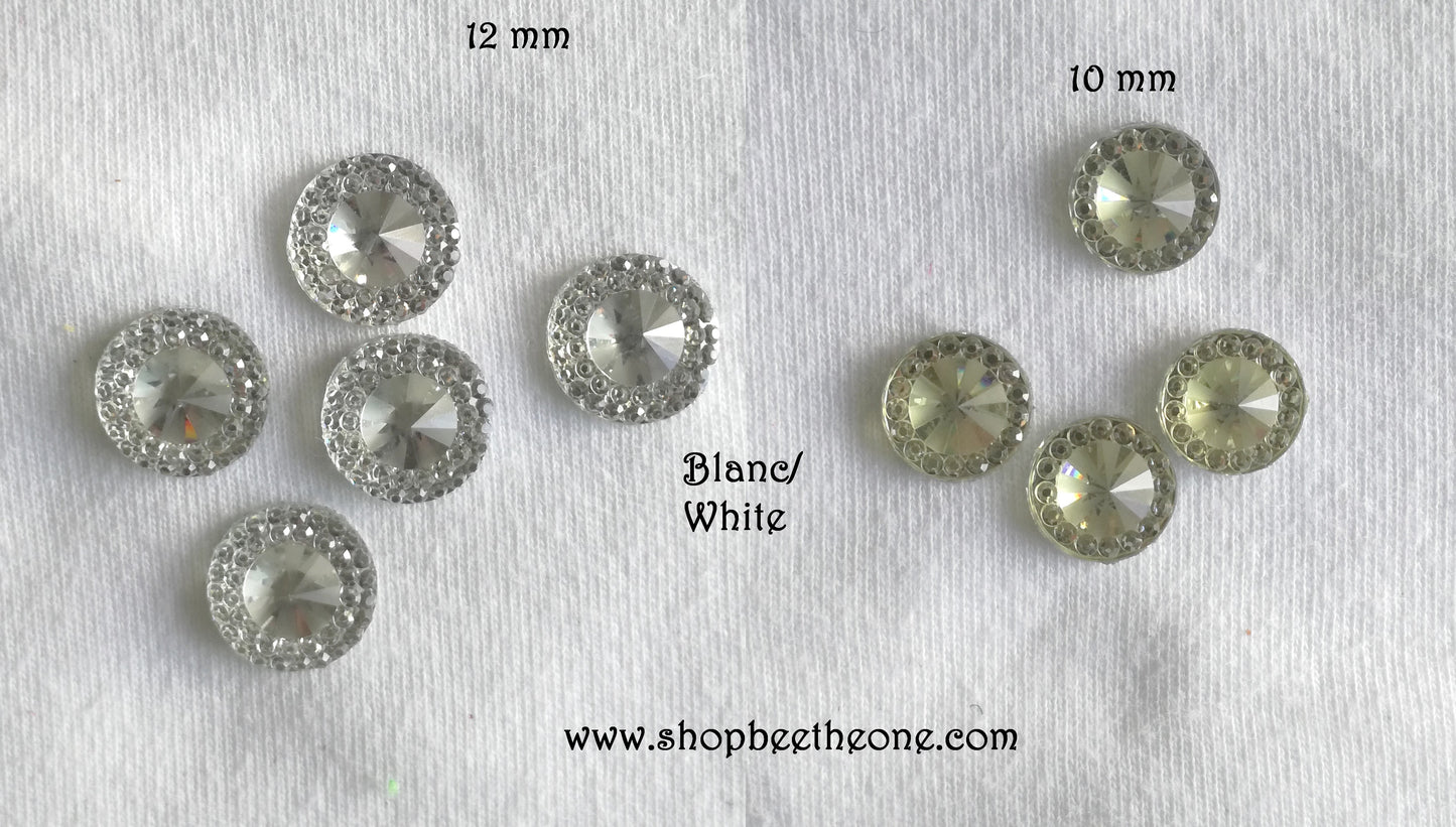 Cabochon rond strass avec pierre colorée - 10 mm ou 12 mm - 12 coloris