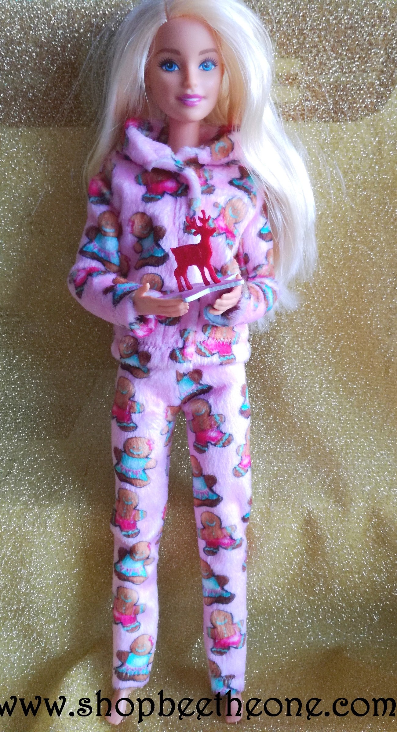 Pyjama de Noël (Pantalon) "Bonhommes pain d'épice" tout doux, pour poupées Barbie - 4 tailles - tissu exclusif - Collection Noël