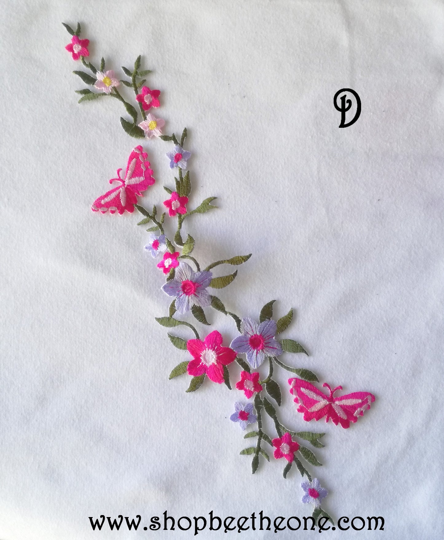 Maxi Applique broderie patch thermocollant Tige fleurie avec papillons 27 x 6,5 cm (à coudre ou repasser) - 5 coloris au choix