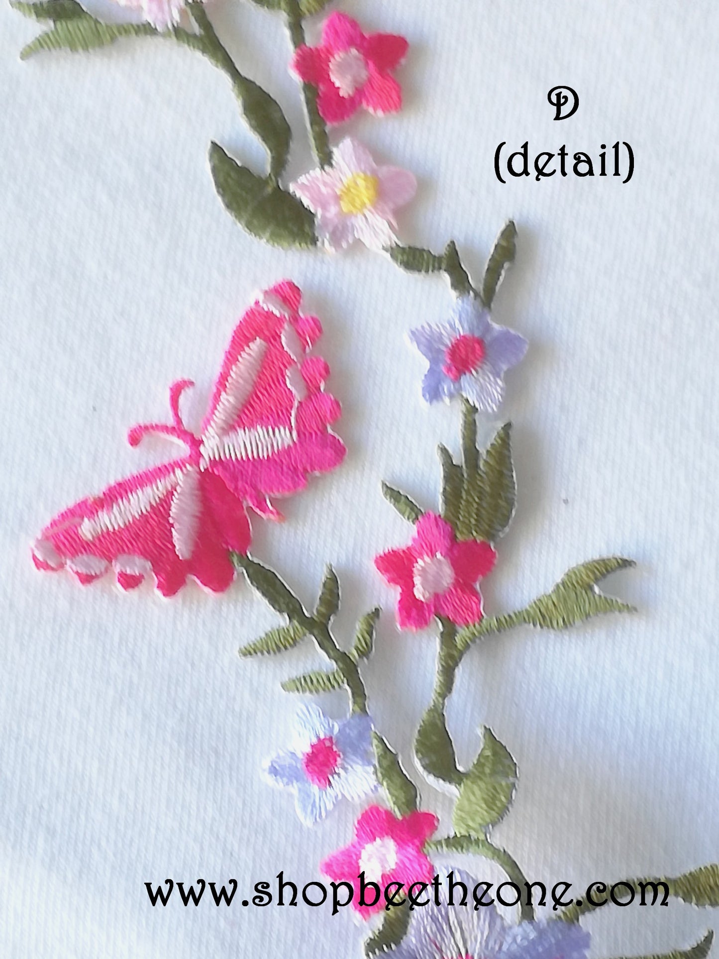 Maxi Applique broderie patch thermocollant Tige fleurie avec papillons 27 x 6,5 cm (à coudre ou repasser) - 5 coloris au choix