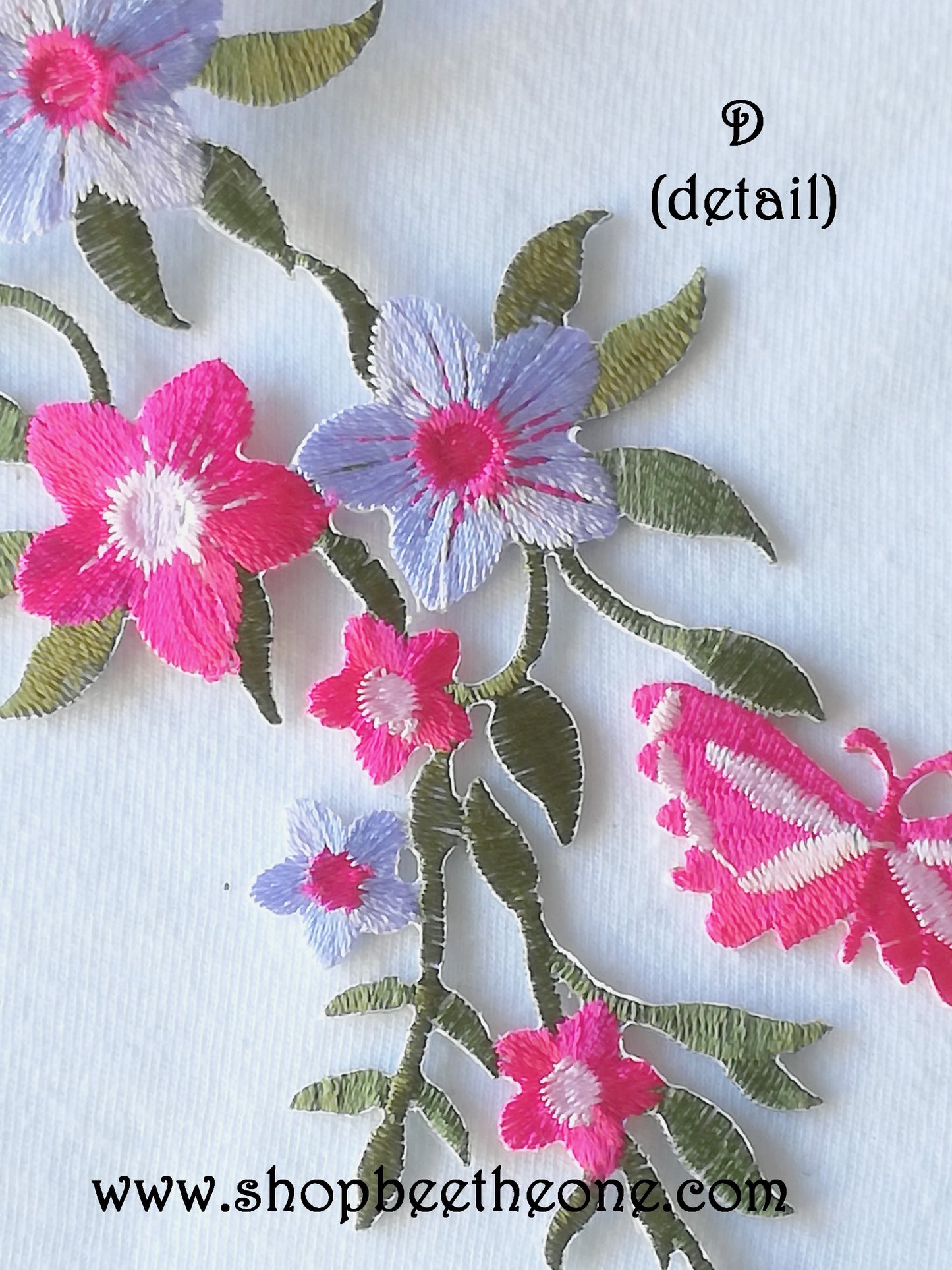 Maxi Applique broderie patch thermocollant Tige fleurie avec papillons 27 x 6,5 cm (à coudre ou repasser) - 5 coloris au choix