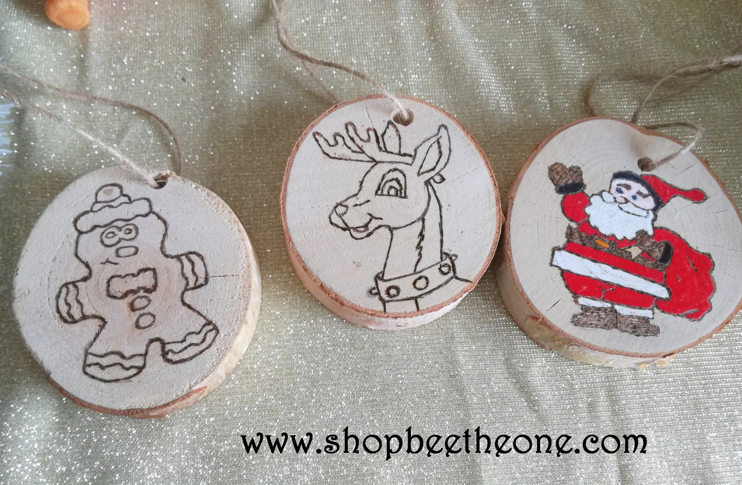 Lot de 3 Décorations de Noël Rondins de bois pyrogravés - Marque Zambara