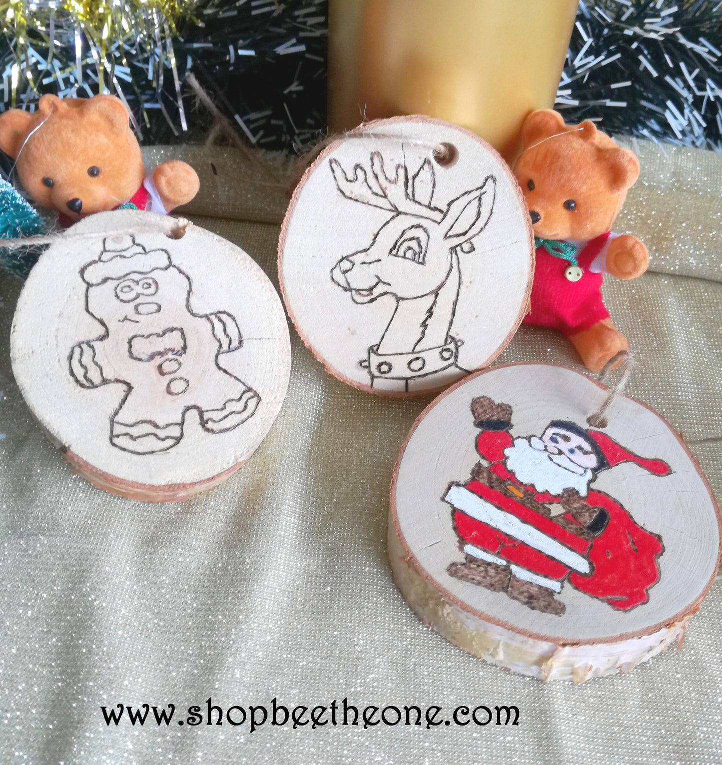 Lot de 3 Décorations de Noël Rondins de bois pyrogravés - Marque Zambara