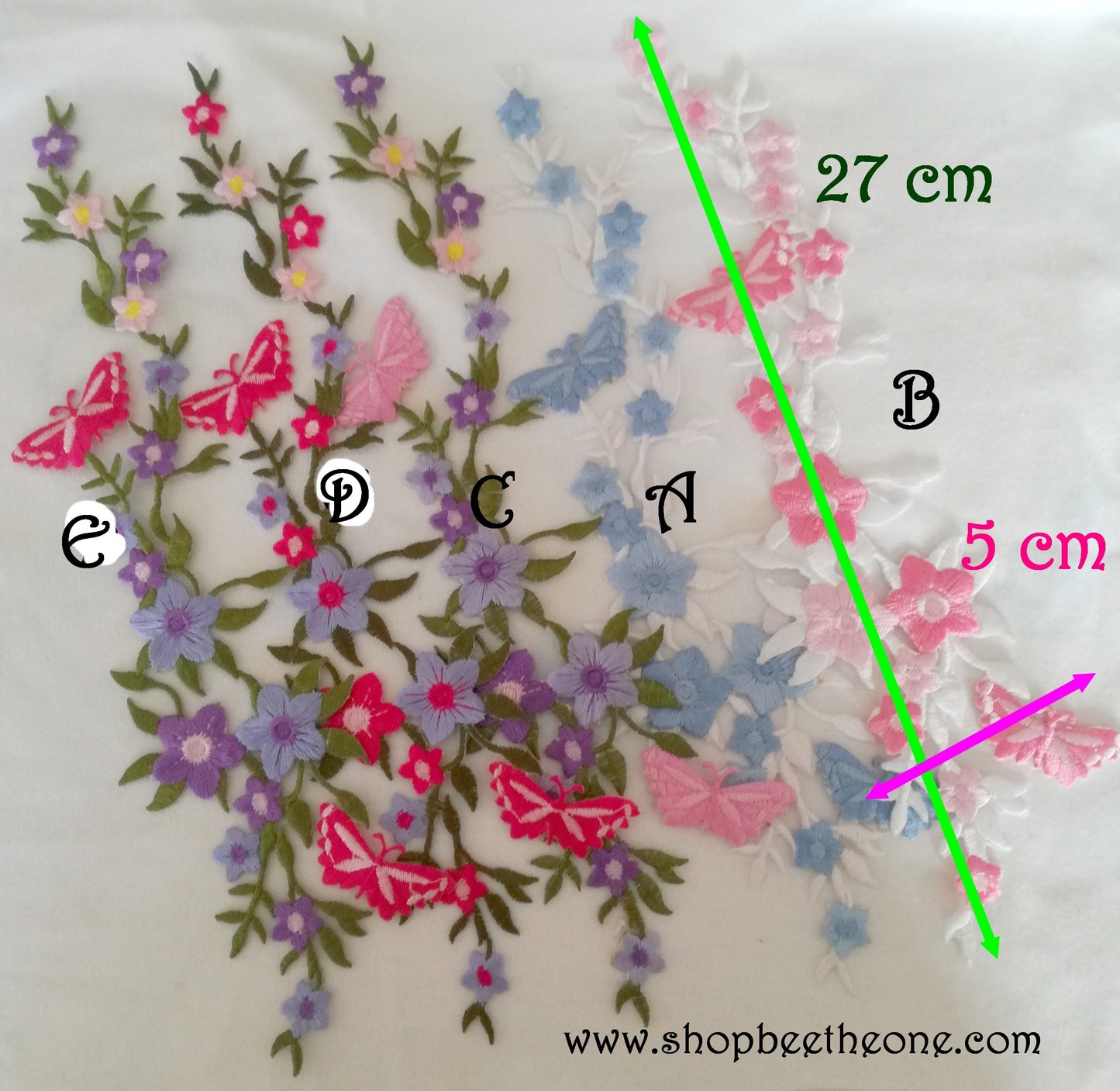 Maxi Applique broderie patch thermocollant Tige fleurie avec papillons 27 x 6,5 cm (à coudre ou repasser) - 5 coloris au choix