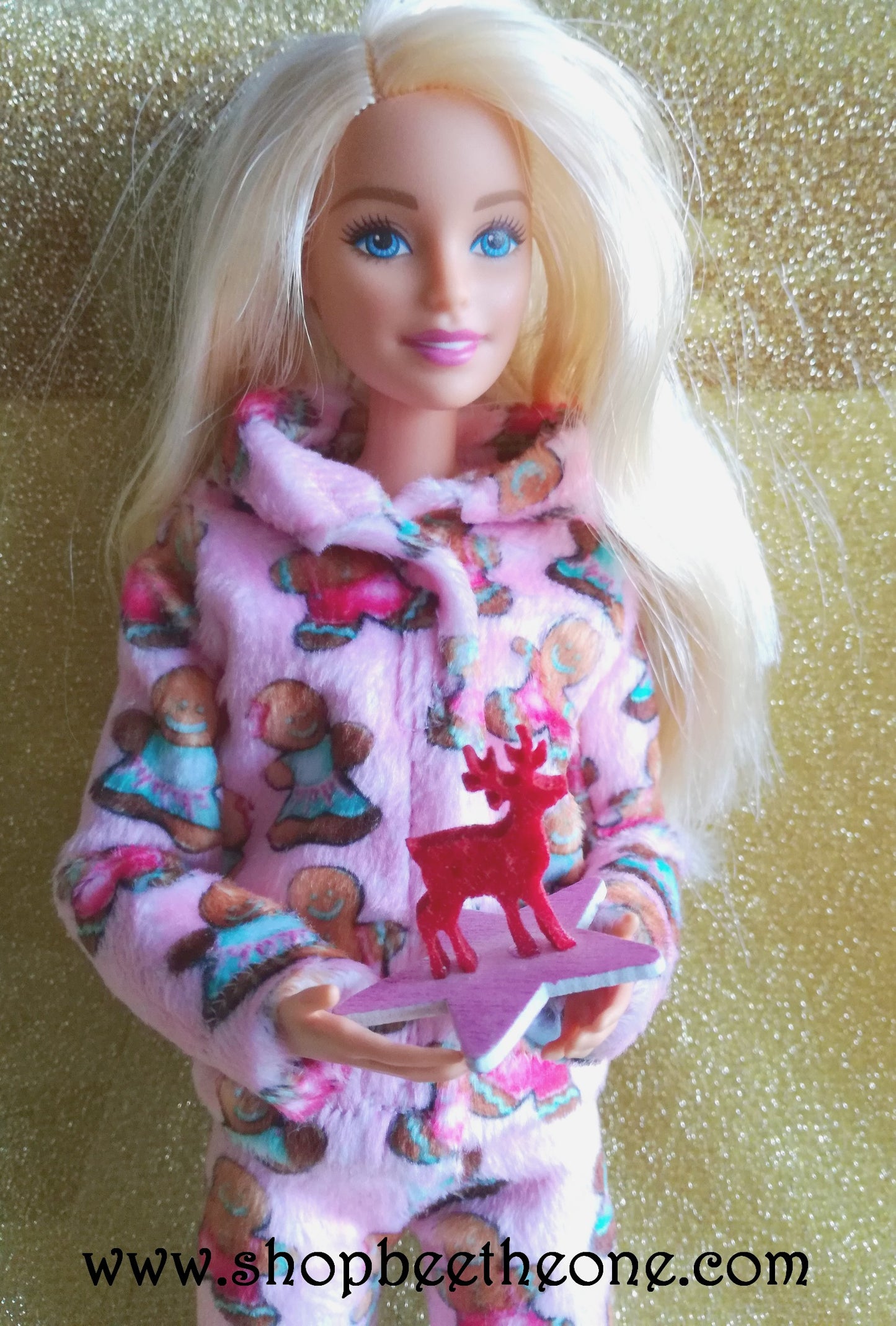 Pyjama de Noël (Veste) "Bonhommes pain d'épice" tout doux, pour poupées Barbie - 4 tailles - tissu exclusif - Collection Noël