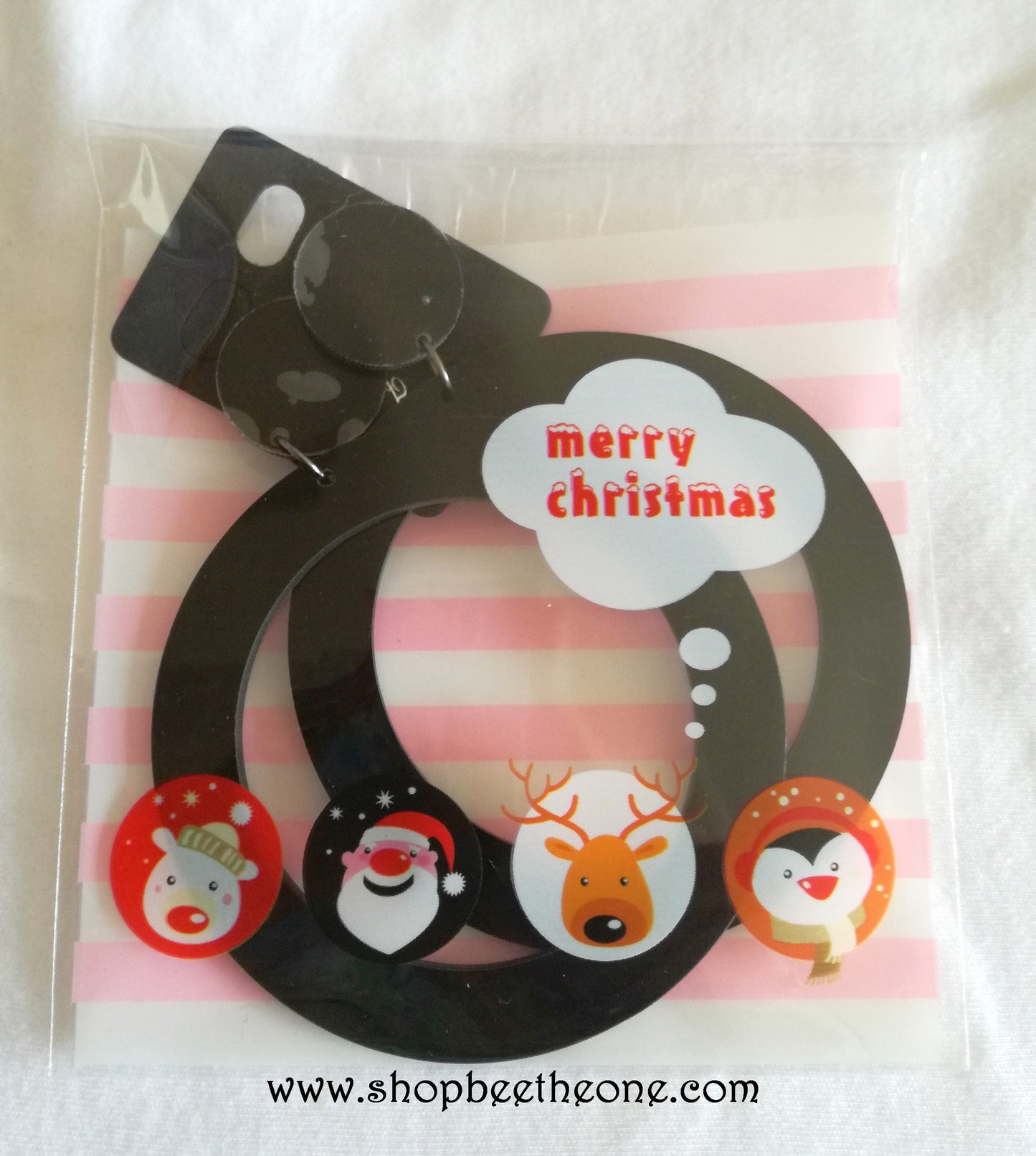 Sachet emballage auto-adhésif "Merry Christmas" pour petits cadeaux, biscuits... - 10 x 10 cm - rayures roses
