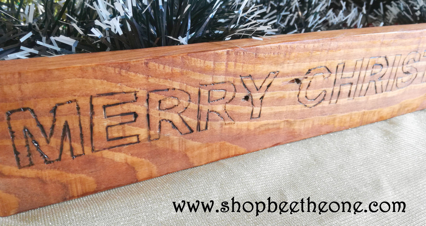 Grand panneau de bois pyrogravé "Merry Christmas" - Surcyclage/Upcycling - Marque Zambara