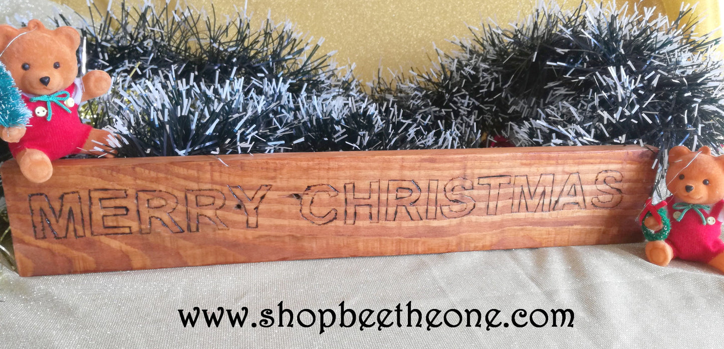 Grand panneau de bois pyrogravé "Merry Christmas" - Surcyclage/Upcycling - Marque Zambara