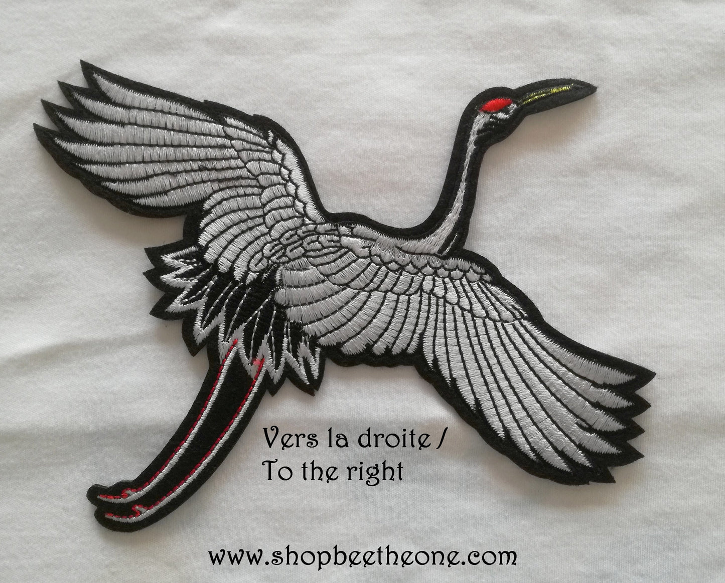 Maxi Applique écusson patch oiseau Grue du Japon - droite ou gauche - 16 x 18,5 cm (à coudre ou repasser)