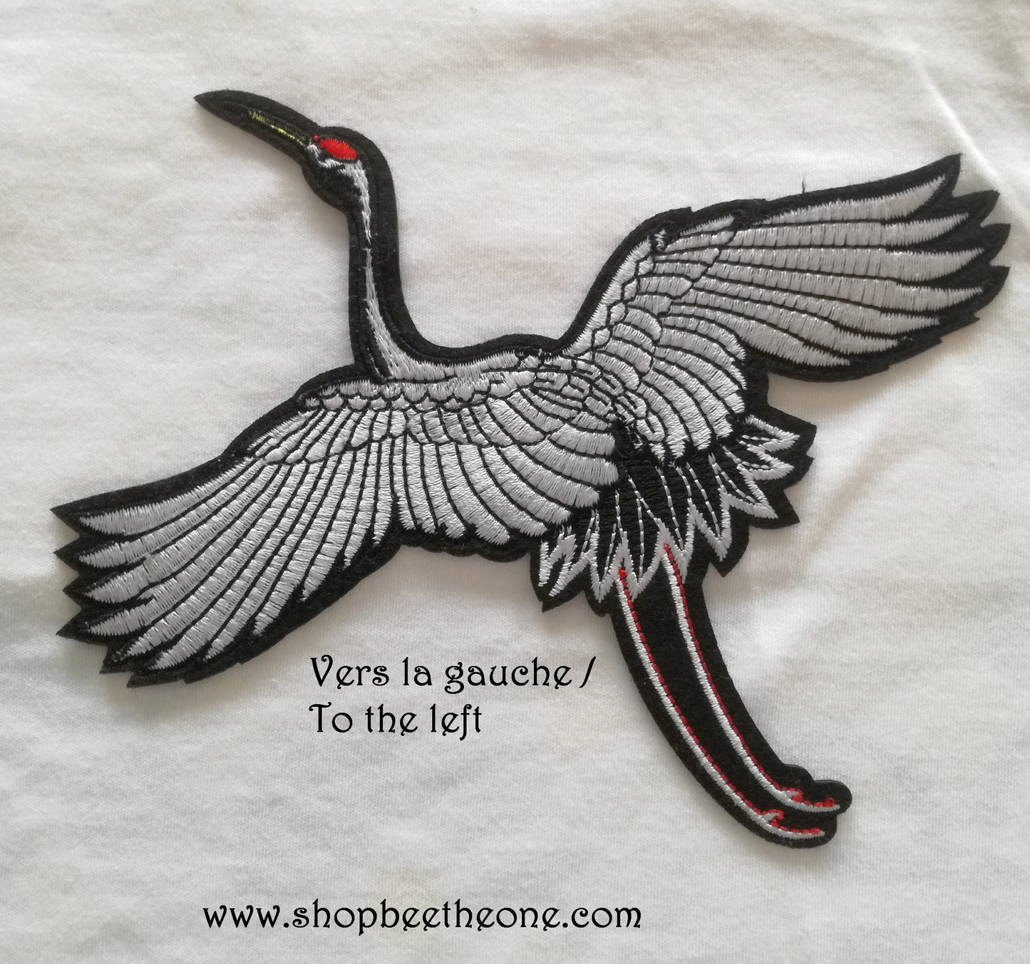 Maxi Applique écusson patch oiseau Grue du Japon - droite ou gauche - 16 x 18,5 cm (à coudre ou repasser)