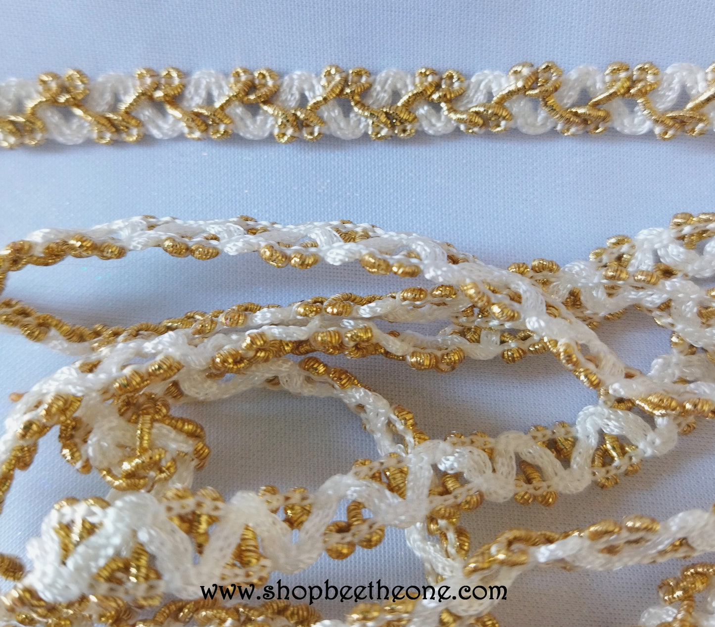Ruban Dentelle tressée - 9 mm x 1 m - Blanc et or