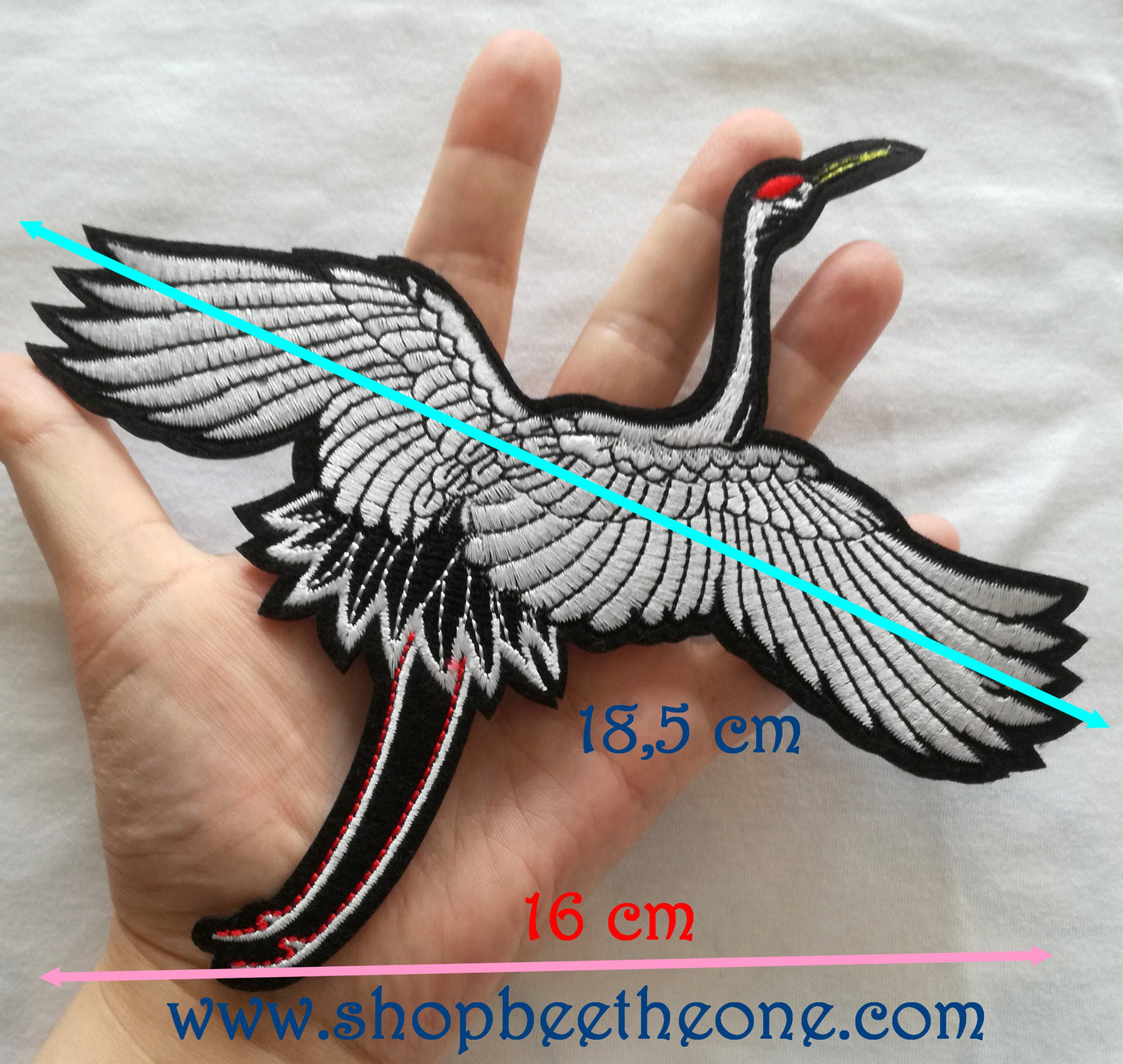 Maxi Applique écusson patch oiseau Grue du Japon - droite ou gauche - 16 x 18,5 cm (à coudre ou repasser)