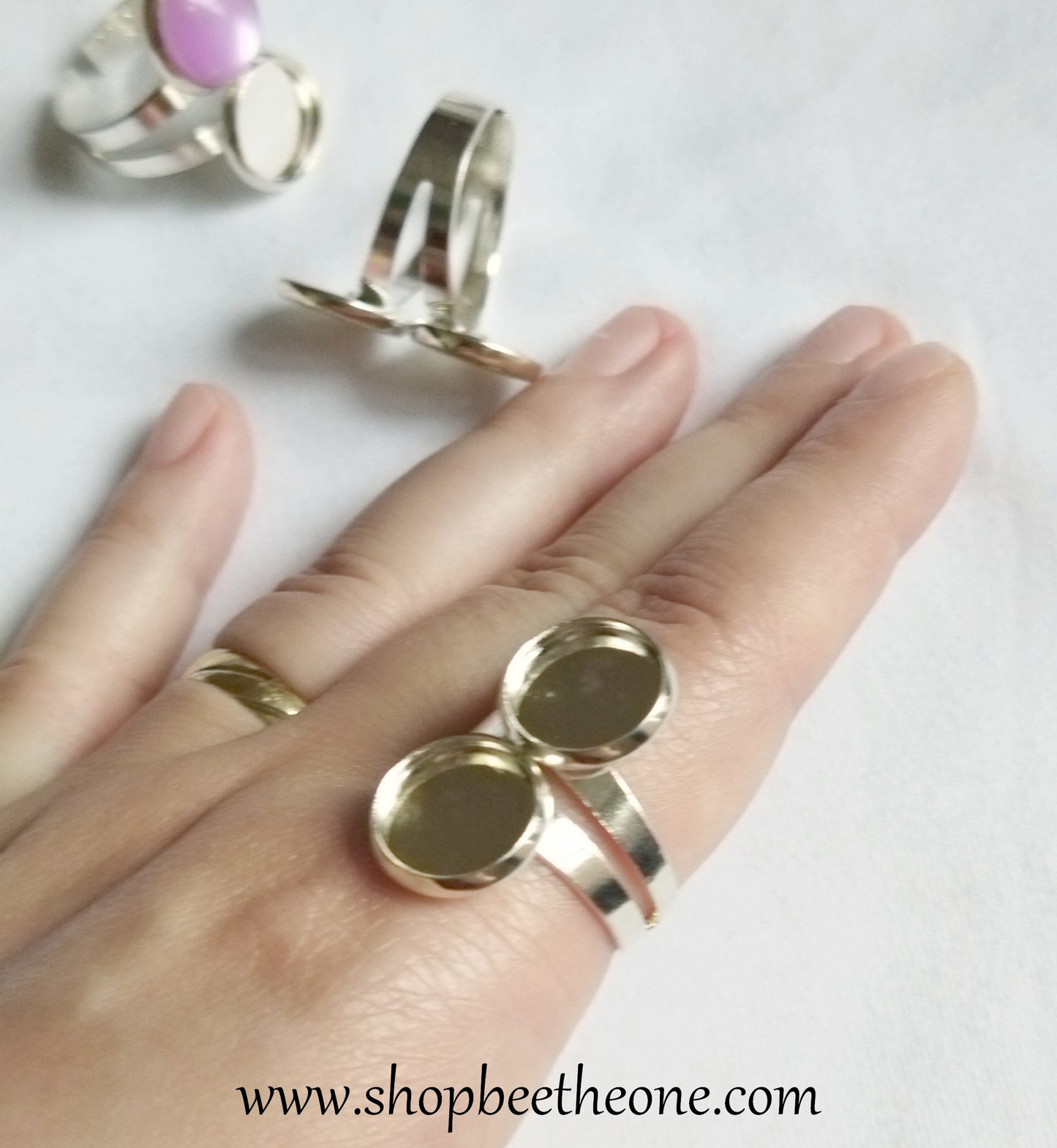 Support pour bague ajustable - base pour double cabochon 12 mm - argenté