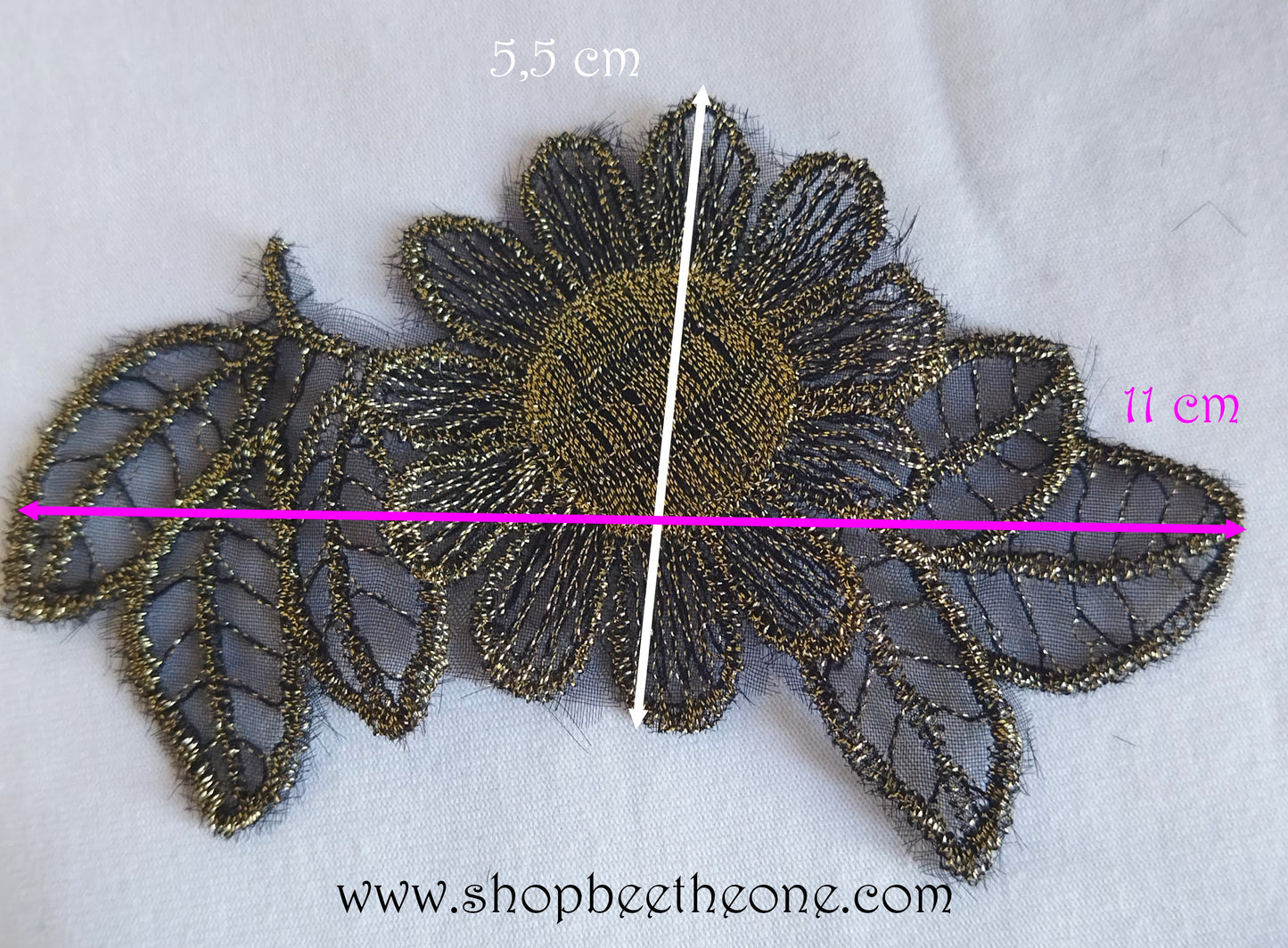 Applique Dentelle et Broderie "Fleur et feuilles" - 11 x 5,5 cm (à coudre) - doré