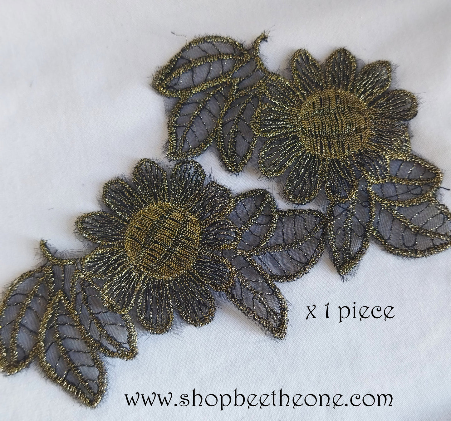 Applique Dentelle et Broderie "Fleur et feuilles" - 11 x 5,5 cm (à coudre) - doré