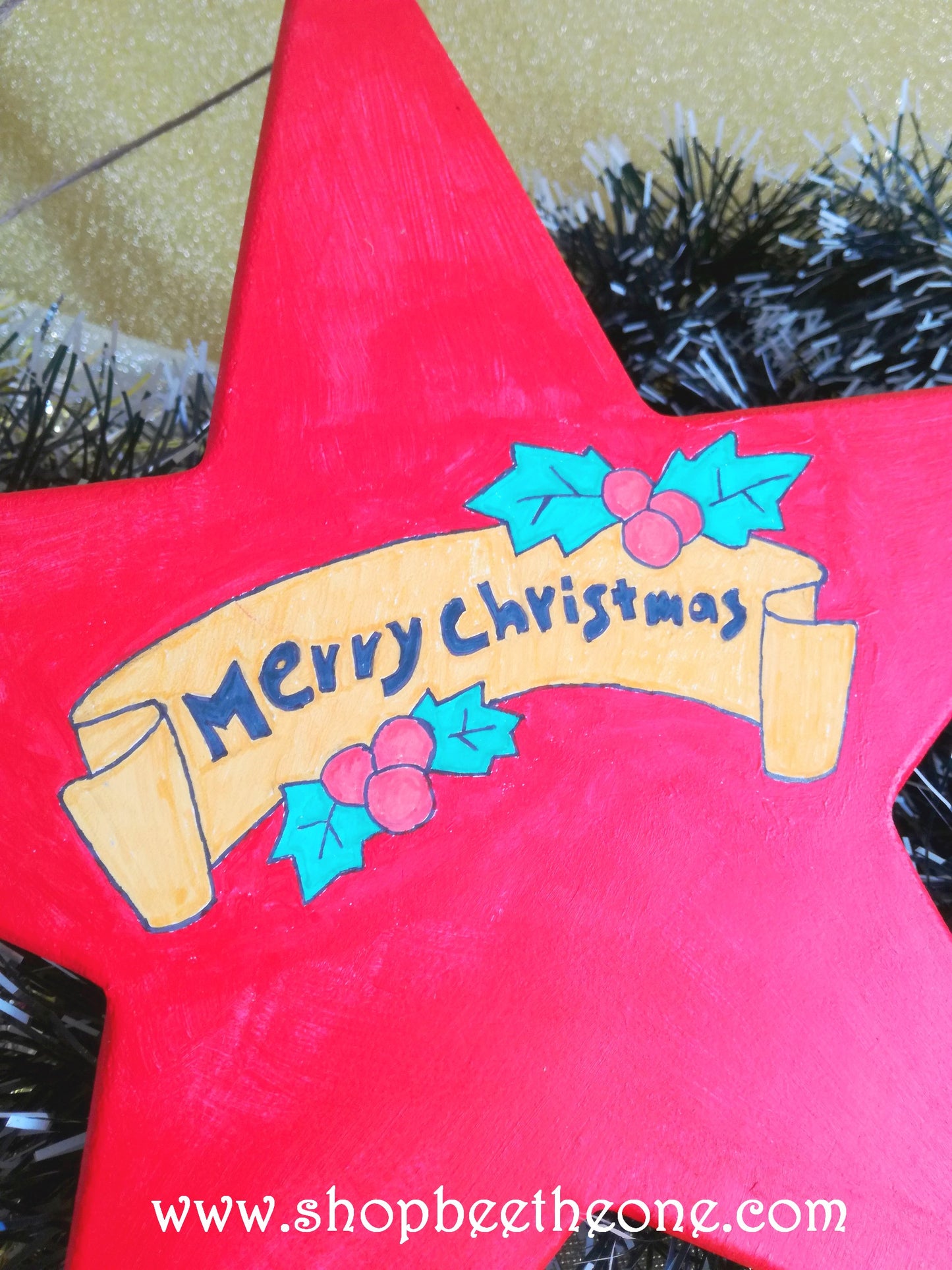 Grande étoile de Noël en bois pyrogravée et peinte à la main - Marque Zambara