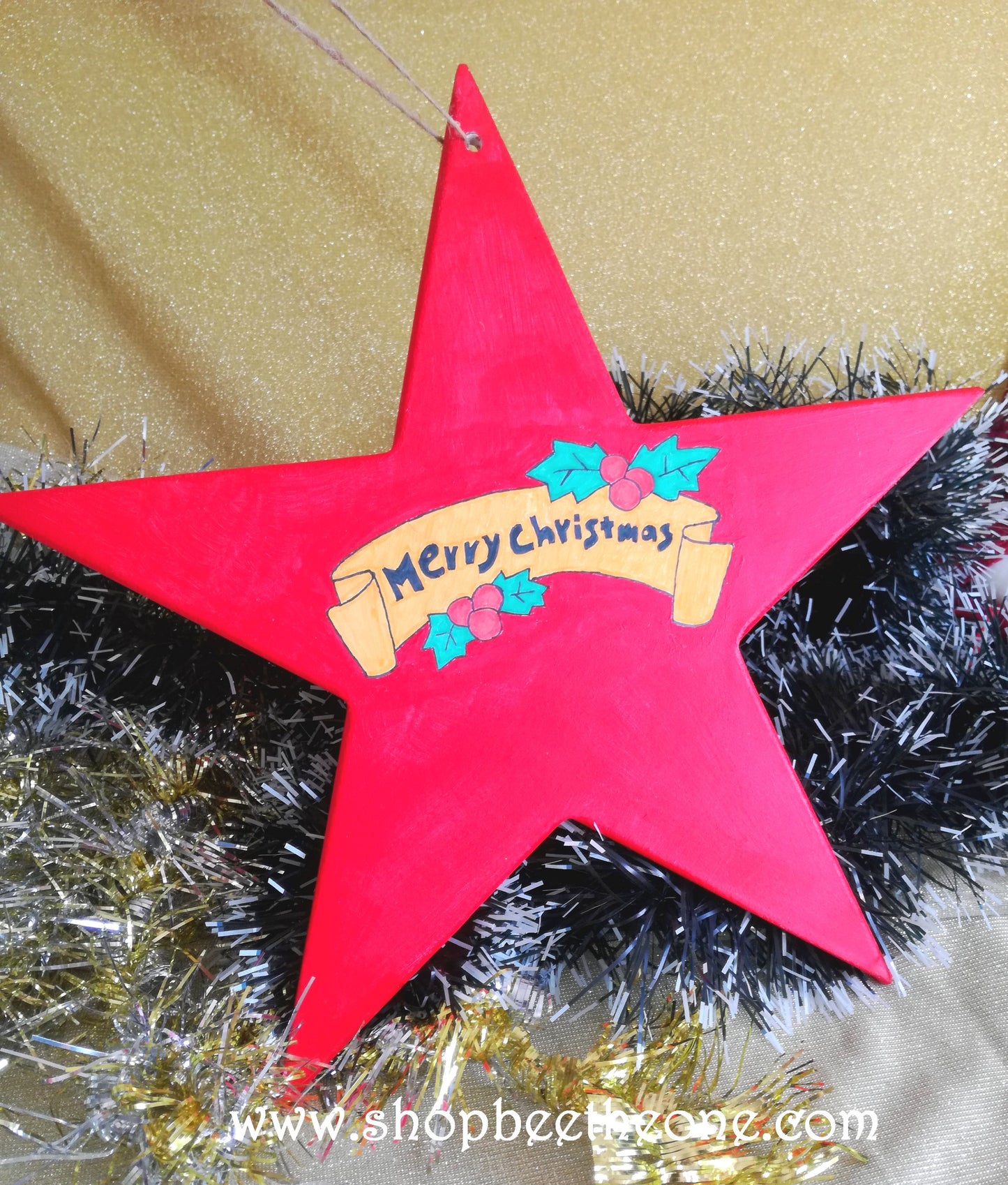 Grande étoile de Noël en bois pyrogravée et peinte à la main - Marque Zambara