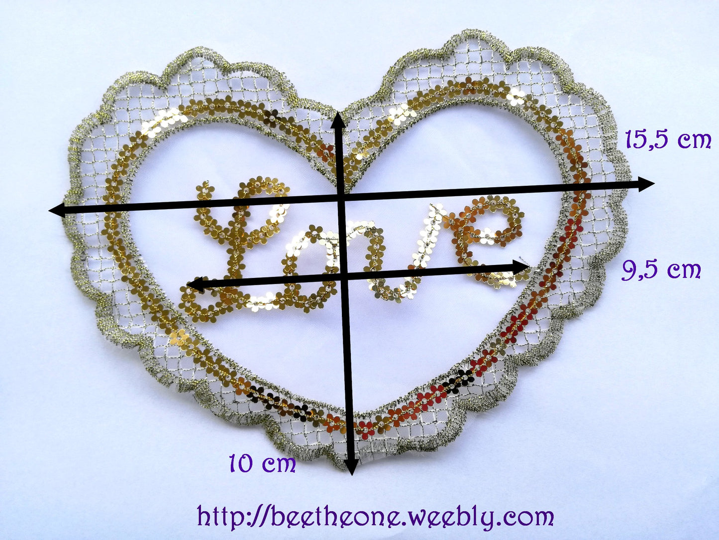 Grande Applique Dentelle Broderie et strass Coeur "Love" blanc et doré - à coudre - DERNIERES PIECES