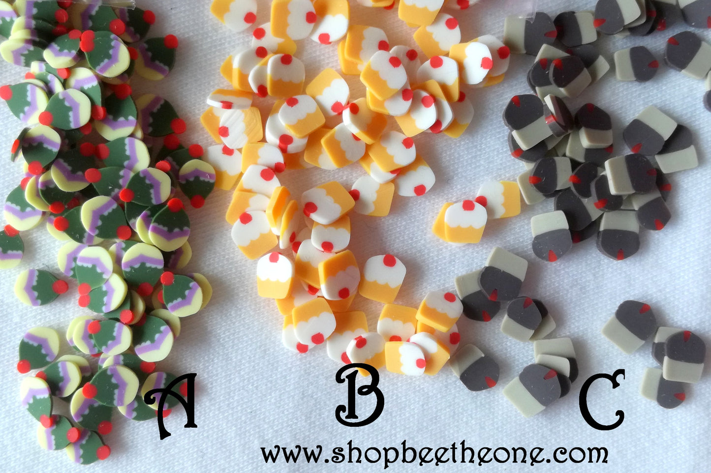 1 g (+/- 45/60/70 pièces) de Tranches de Fimo Pâte Polymère - Gâteau avec cerise - 3 modèles