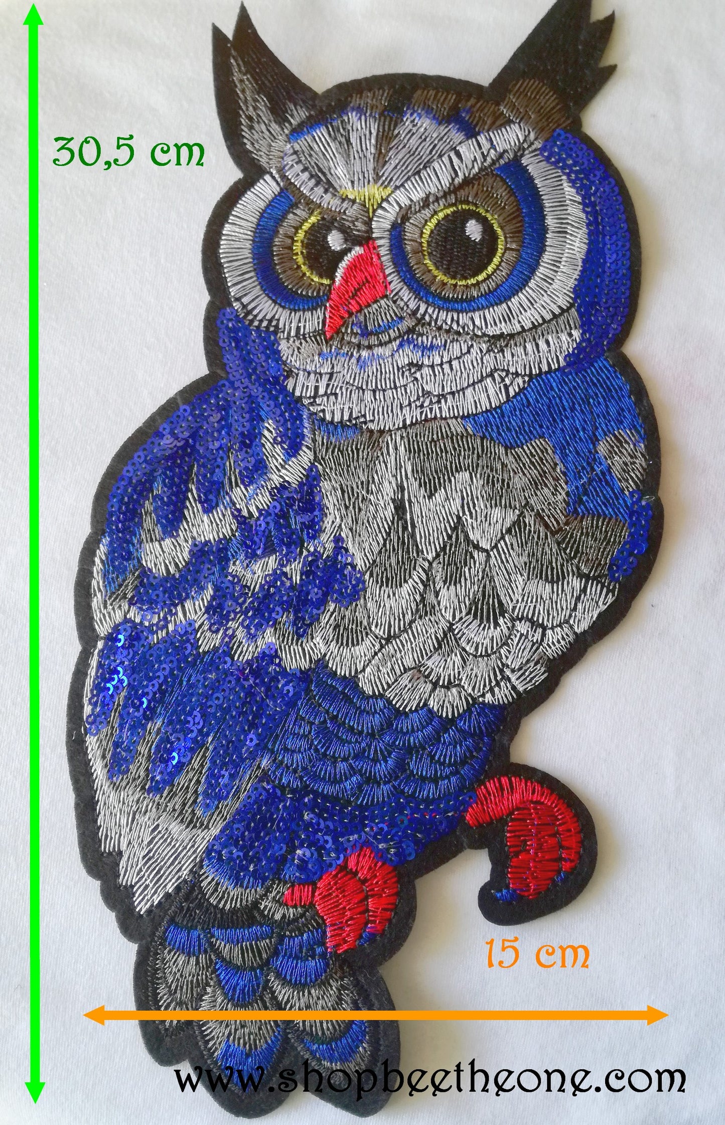 Maxi Applique broderie à sequins patch Grand Hibou 30,5 x 15 cm (à coudre)