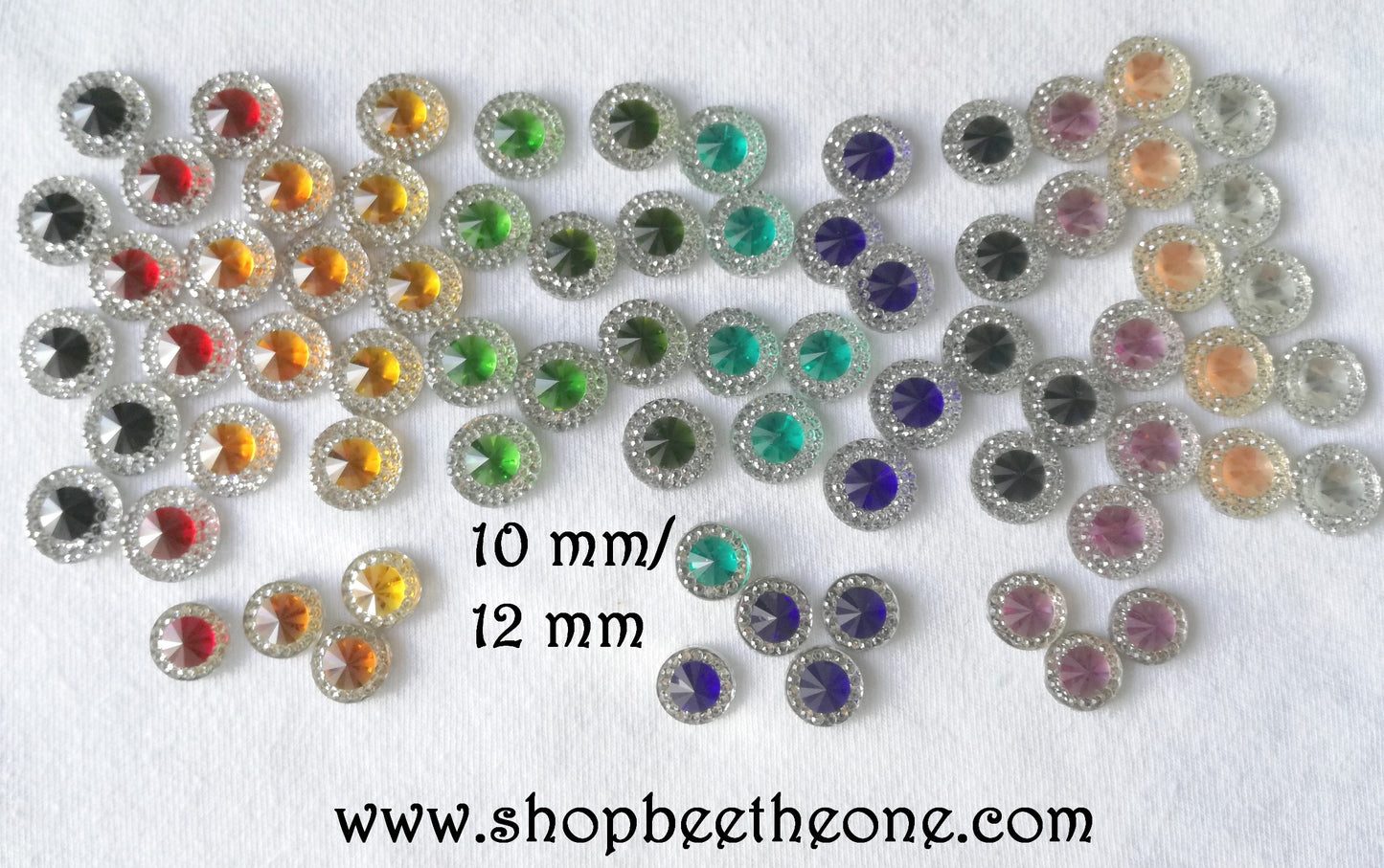 Cabochon rond strass avec pierre colorée - 10 mm ou 12 mm - 12 coloris