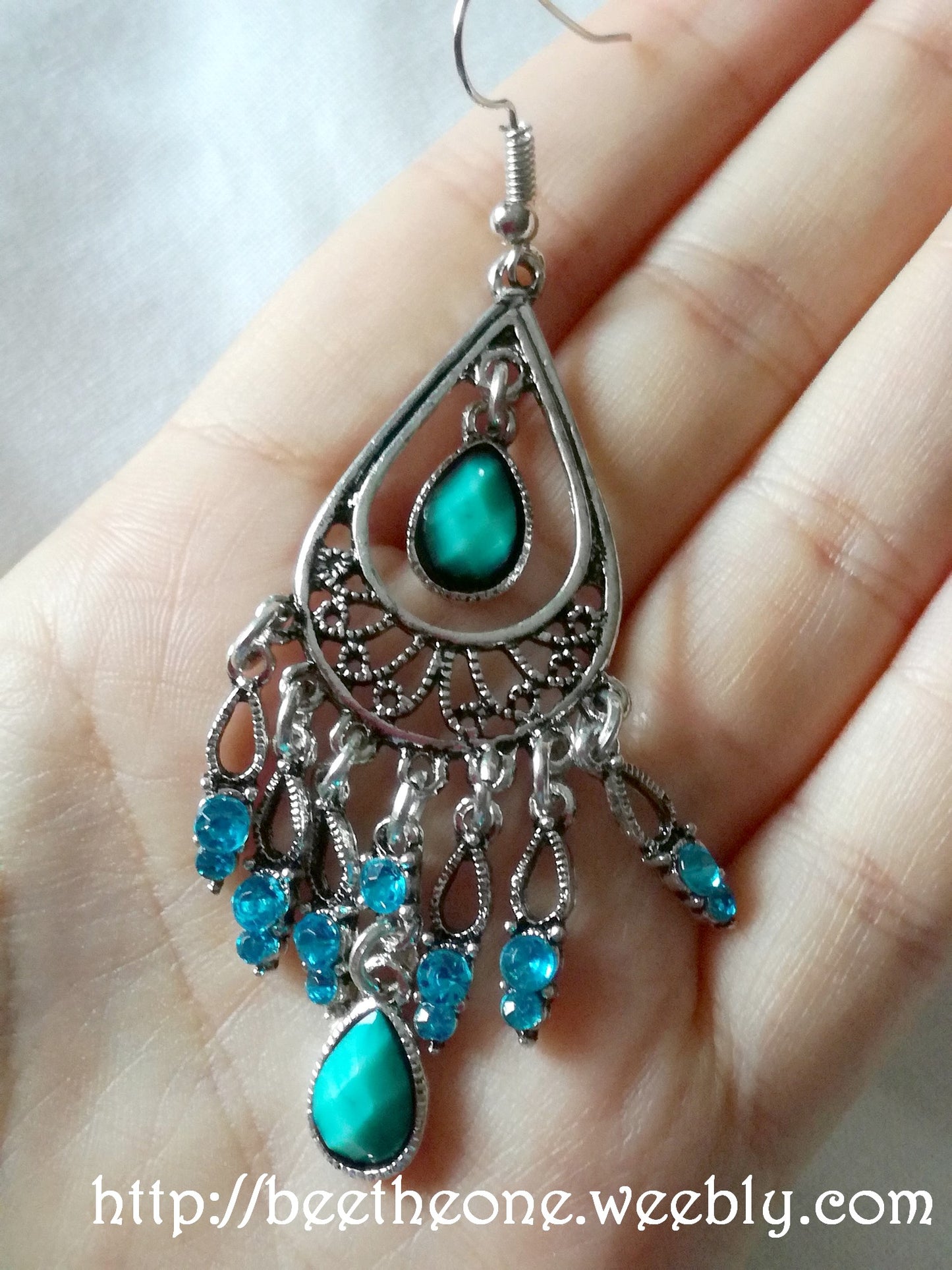 Longues Boucles d'oreilles Chandeliers Bohème Gouttes Turquoise et strass