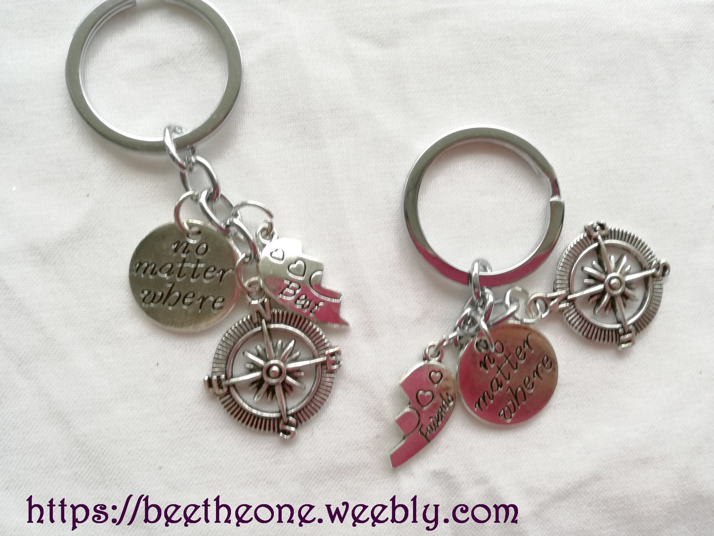 Duo de Porte-clés métal breloques Boussole et Coeur "Best friends" - Argenté