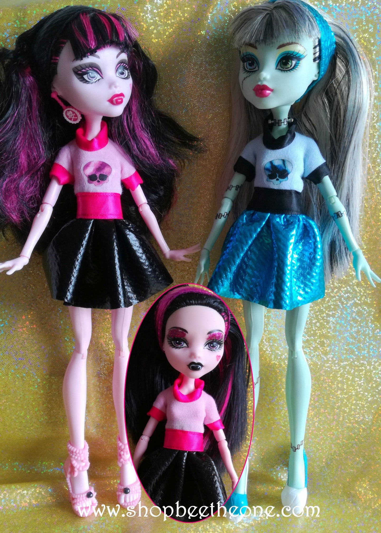 Robe bi-matière motif "Skulette" pour poupées Monster High (disponible aussi sans motif) - 2 modèles - Collection Glitter Party - Marque Zambara