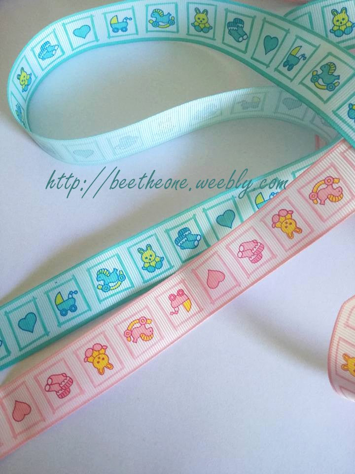Ruban Gros grain Frise thème Bébé - 25 mm x 1 m - Bleu ou Rose