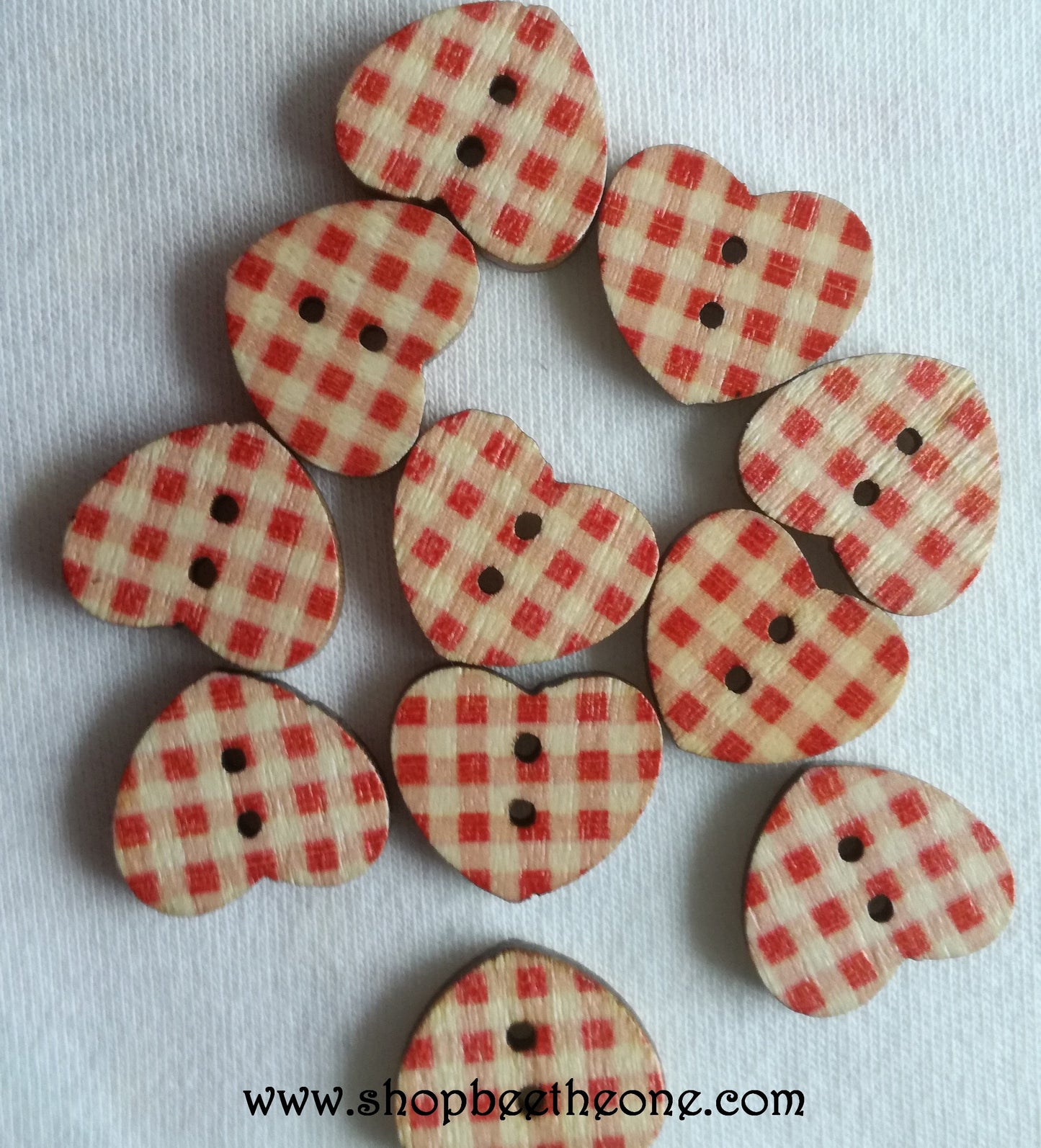 Bouton Petit Coeur carreaux vichy en bois façon vintage - 17 mm - 6 coloris disponibles