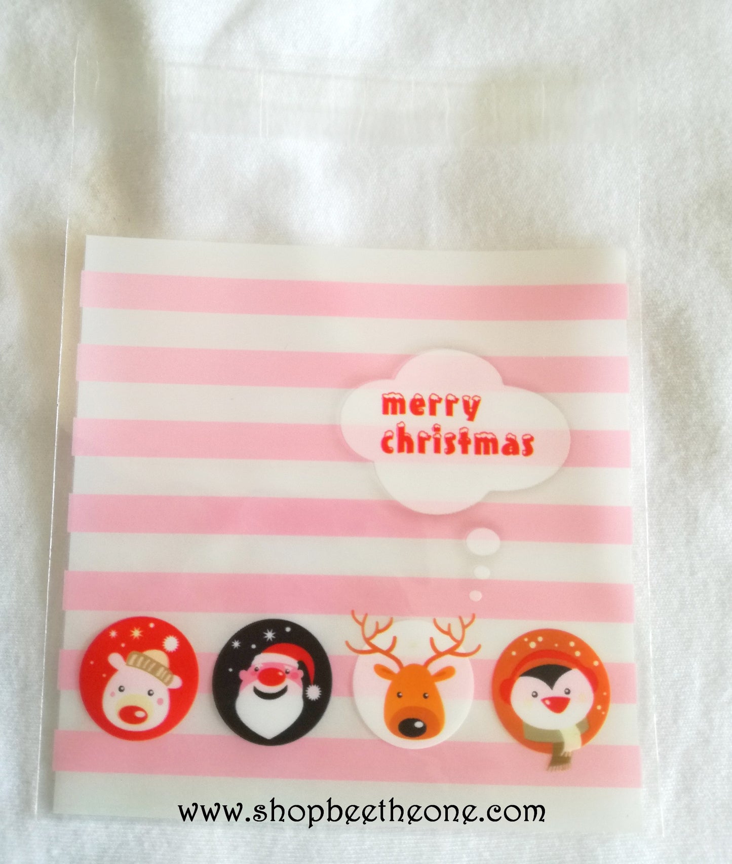 Sachet emballage auto-adhésif "Merry Christmas" pour petits cadeaux, biscuits... - 10 x 10 cm - rayures roses