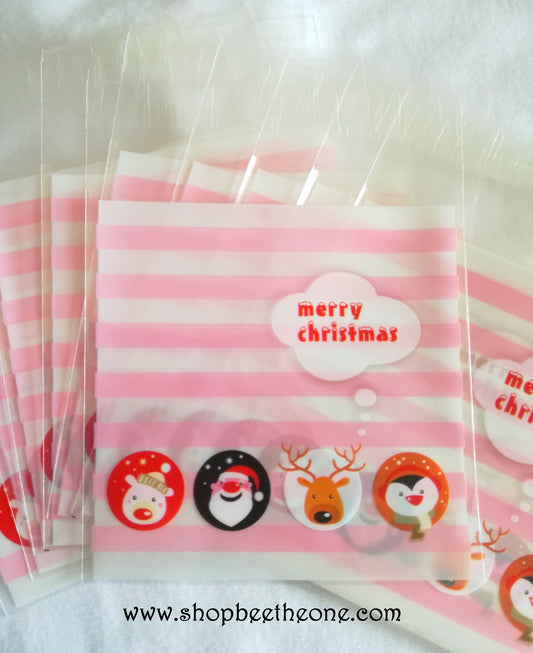 Sachet emballage auto-adhésif "Merry Christmas" pour petits cadeaux, biscuits... - 10 x 10 cm - rayures roses