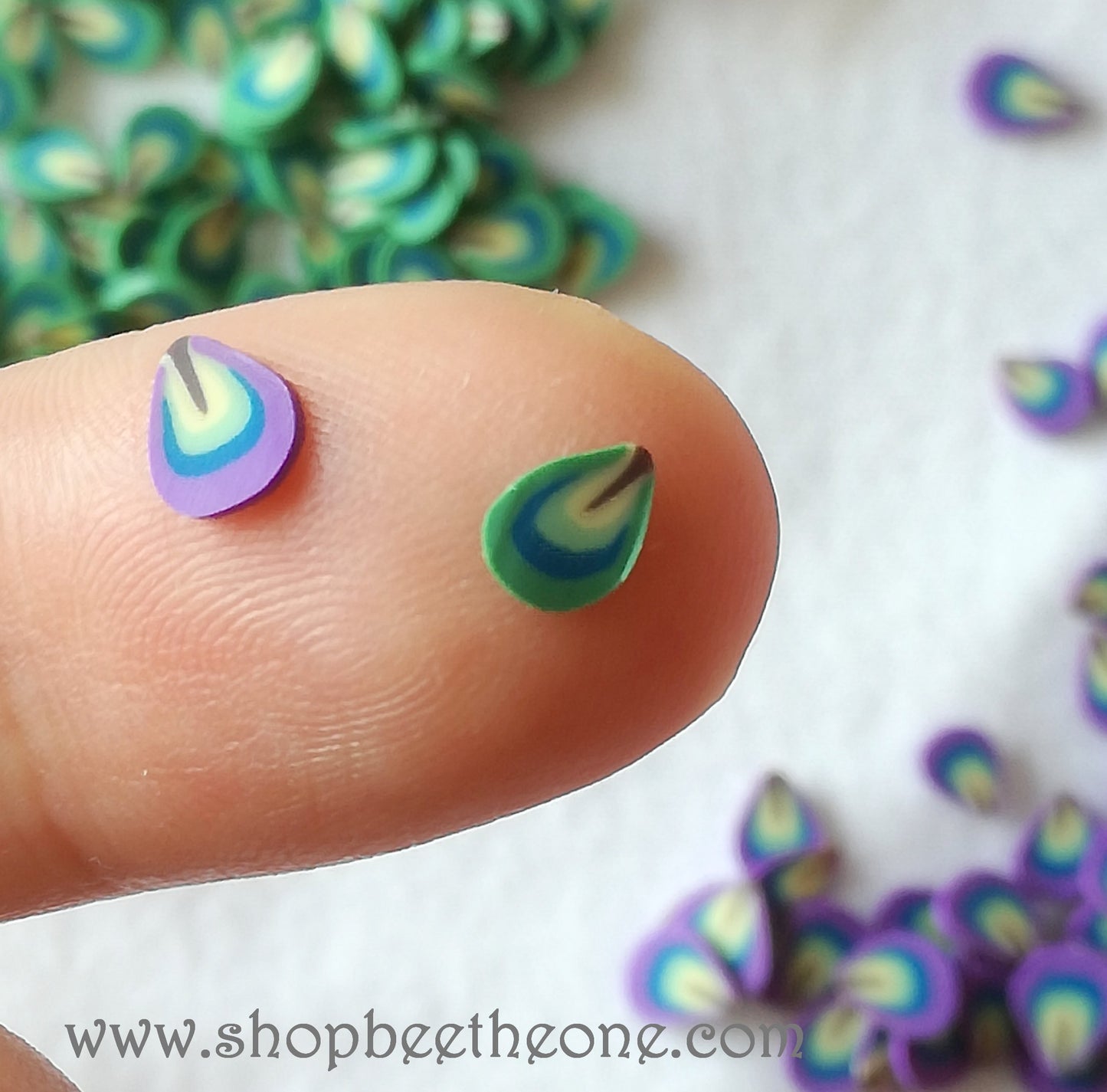 1 g (+/- 70 pièces) de Tranches de Fimo Pâte Polymère - Plume/Feuille arrondie exotique - Vert ou violet