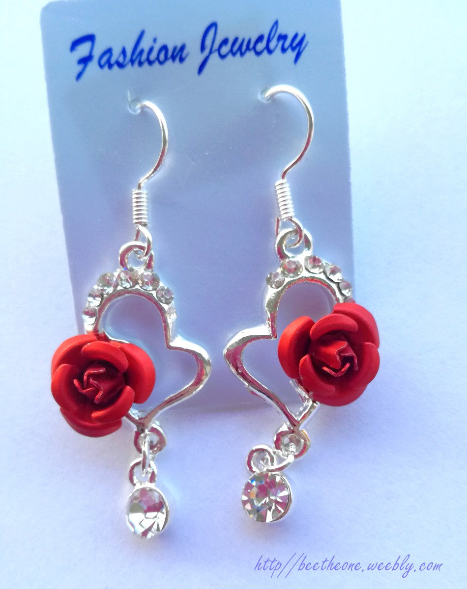Boucles d'oreilles Coeur, rose et strass - Inspiré par La Belle et la Bête - Rouge