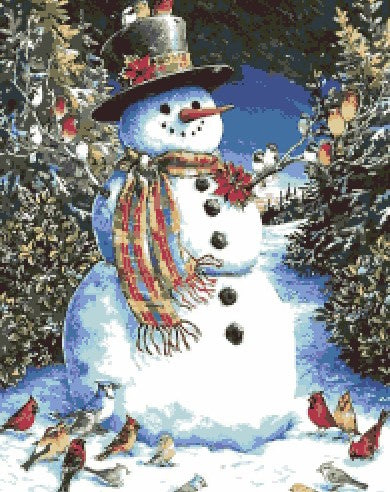 Diagramme grille digitale Broderie au point de croix - "Le Bonhomme de neige et ses amis oiseaux" - Collection "Noël"