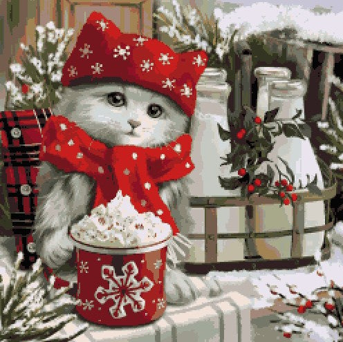 Diagramme grille digitale Broderie au point de croix - "Le Chaton de Noël et son chocolat chaud" - Collection "Noël"